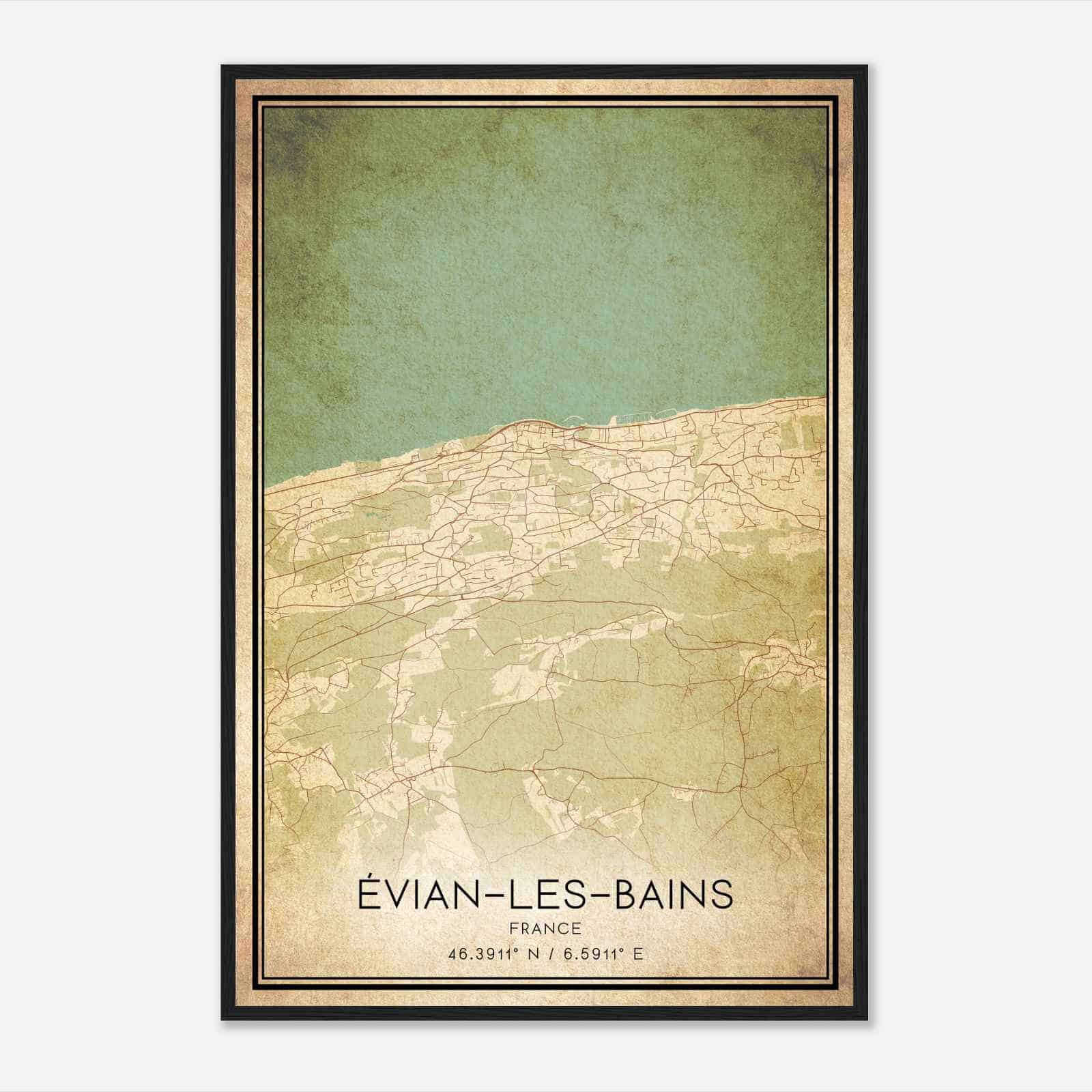Vintage Evian-les-Bains France Map Poster, Evian-les-Bains City Road Wall Art Print