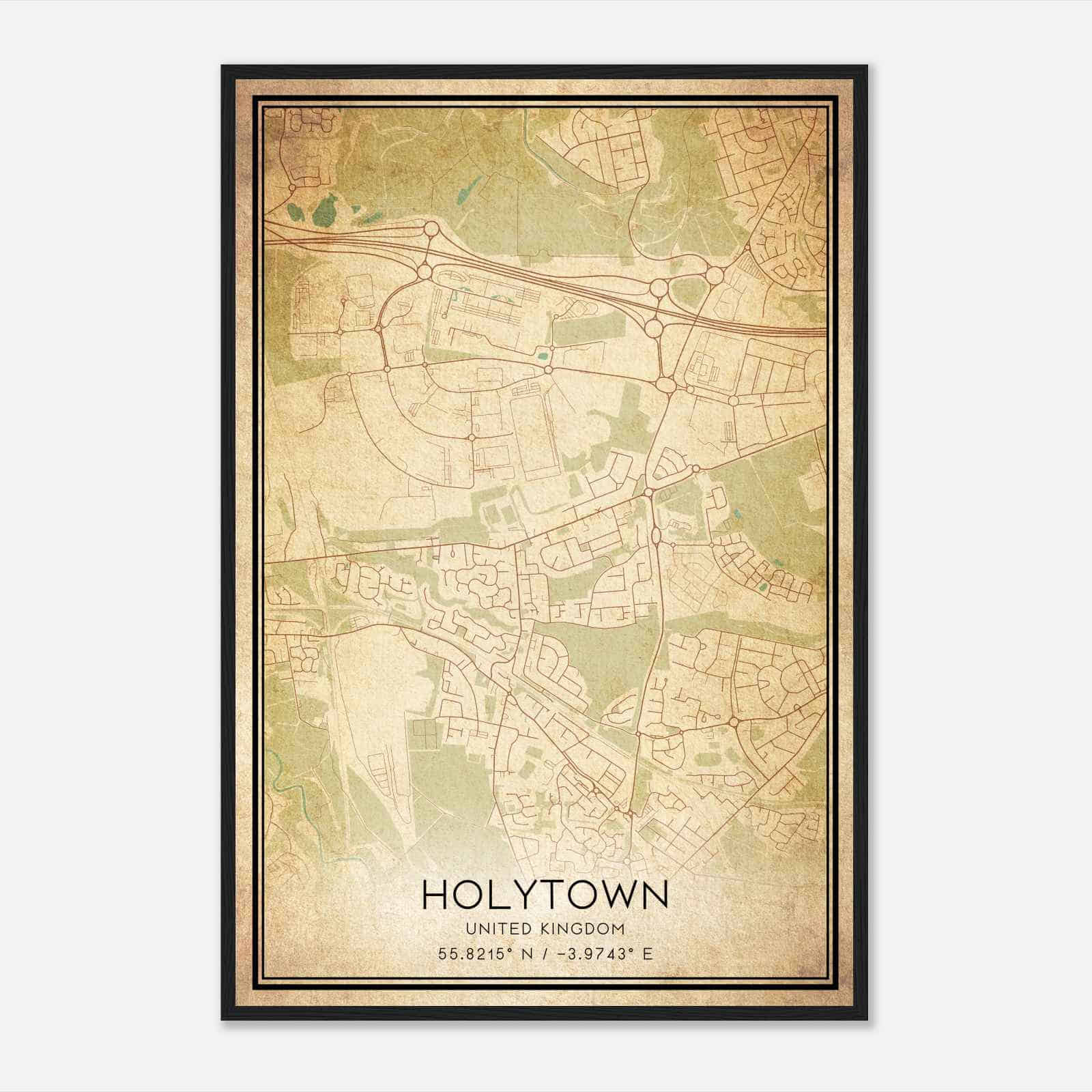 Vintage Holytown United Kingdom Map Poster, Holytown City Road Wall Art Print