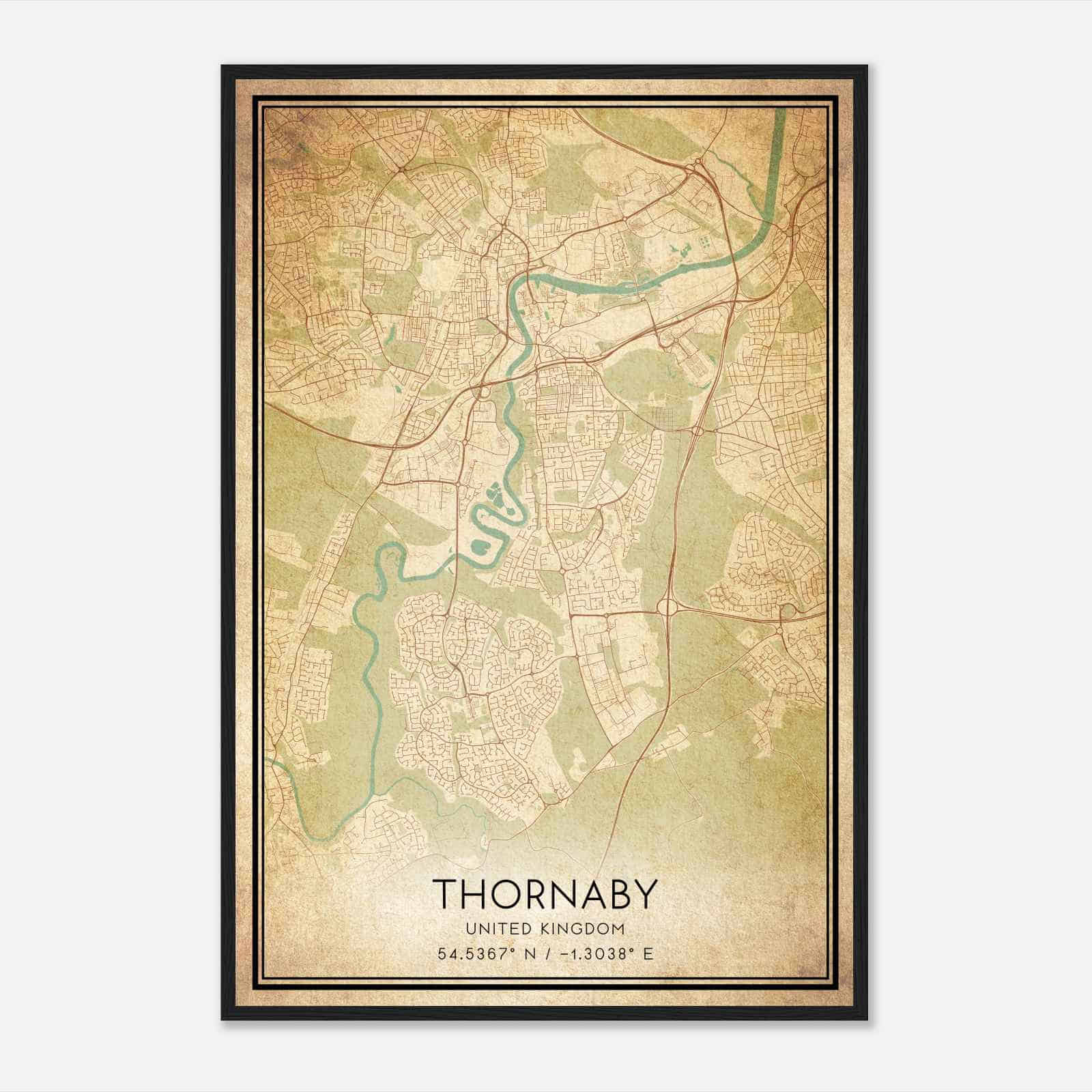 Vintage Thornaby on Tees United Kingdom Map Poster, Thornaby on Tees City Road Wall Art Print