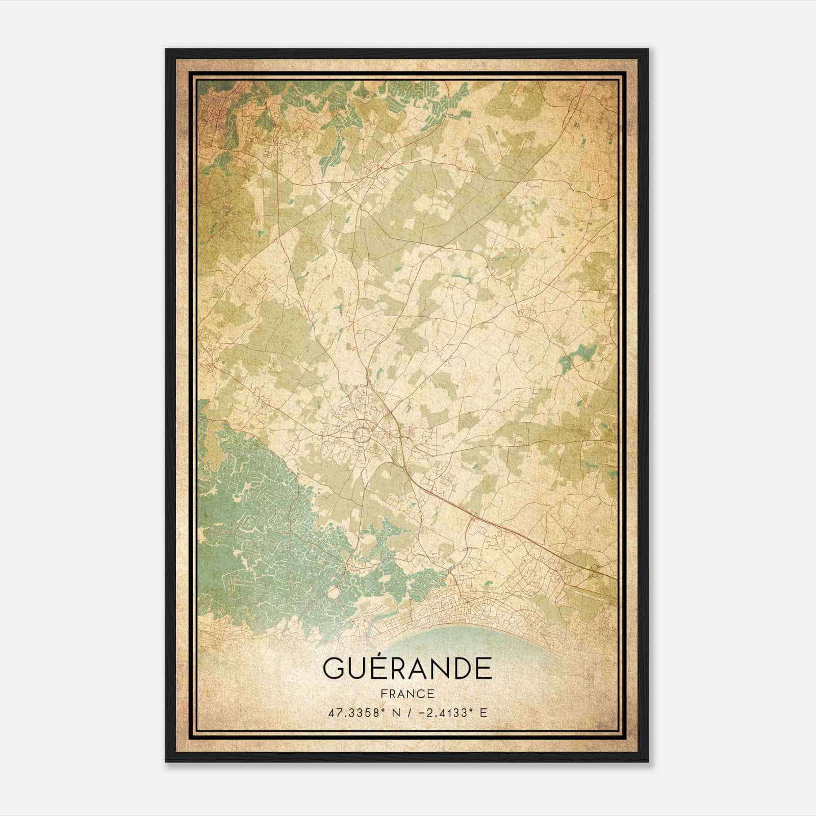Vintage Guerande France Map Poster, Guerande City Road Wall Art Print