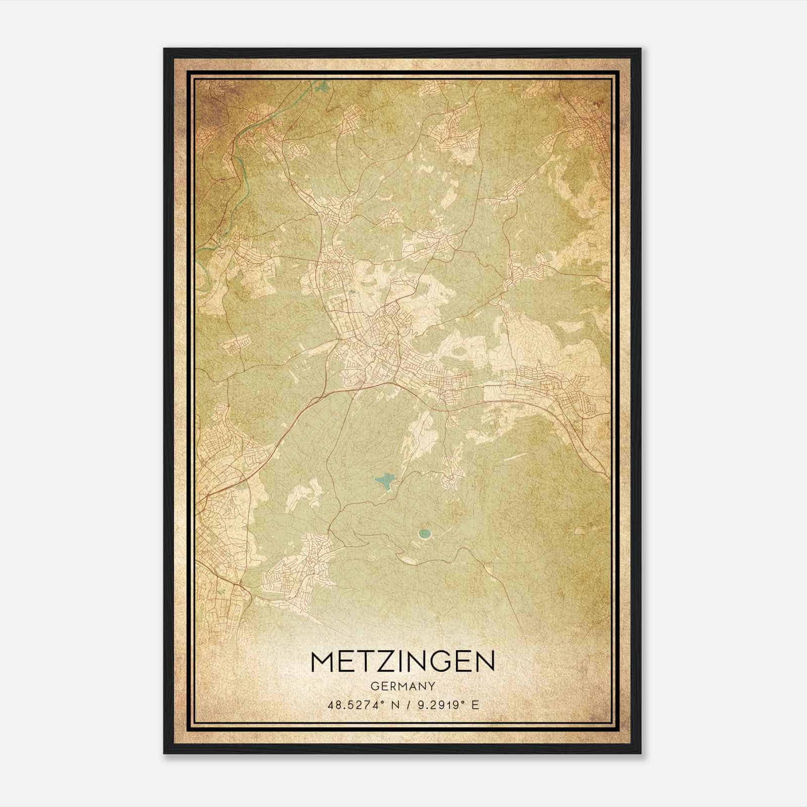 Vintage Metzingen Germany Map Poster, Metzingen City Road Wall Art Print