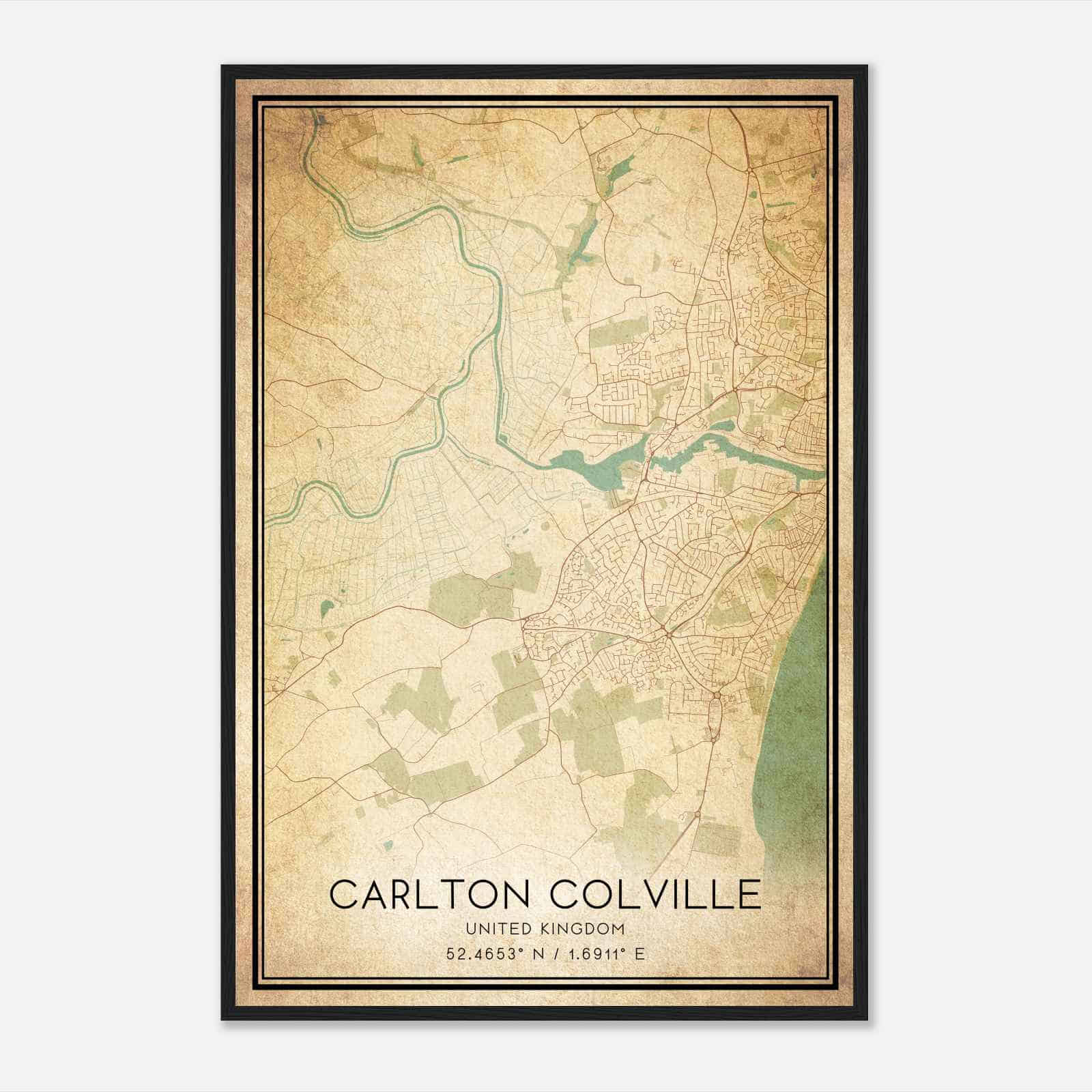 Vintage Carlton Colville United Kingdom Map Poster, Carlton Colville City Road Wall Art Print