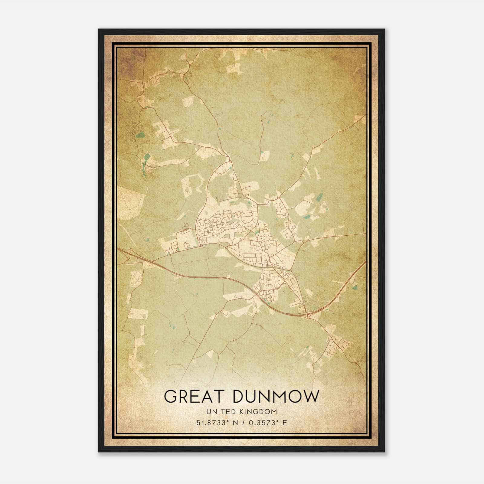 Vintage Great Dunmow United Kingdom Map Poster, Great Dunmow City Road Wall Art Print