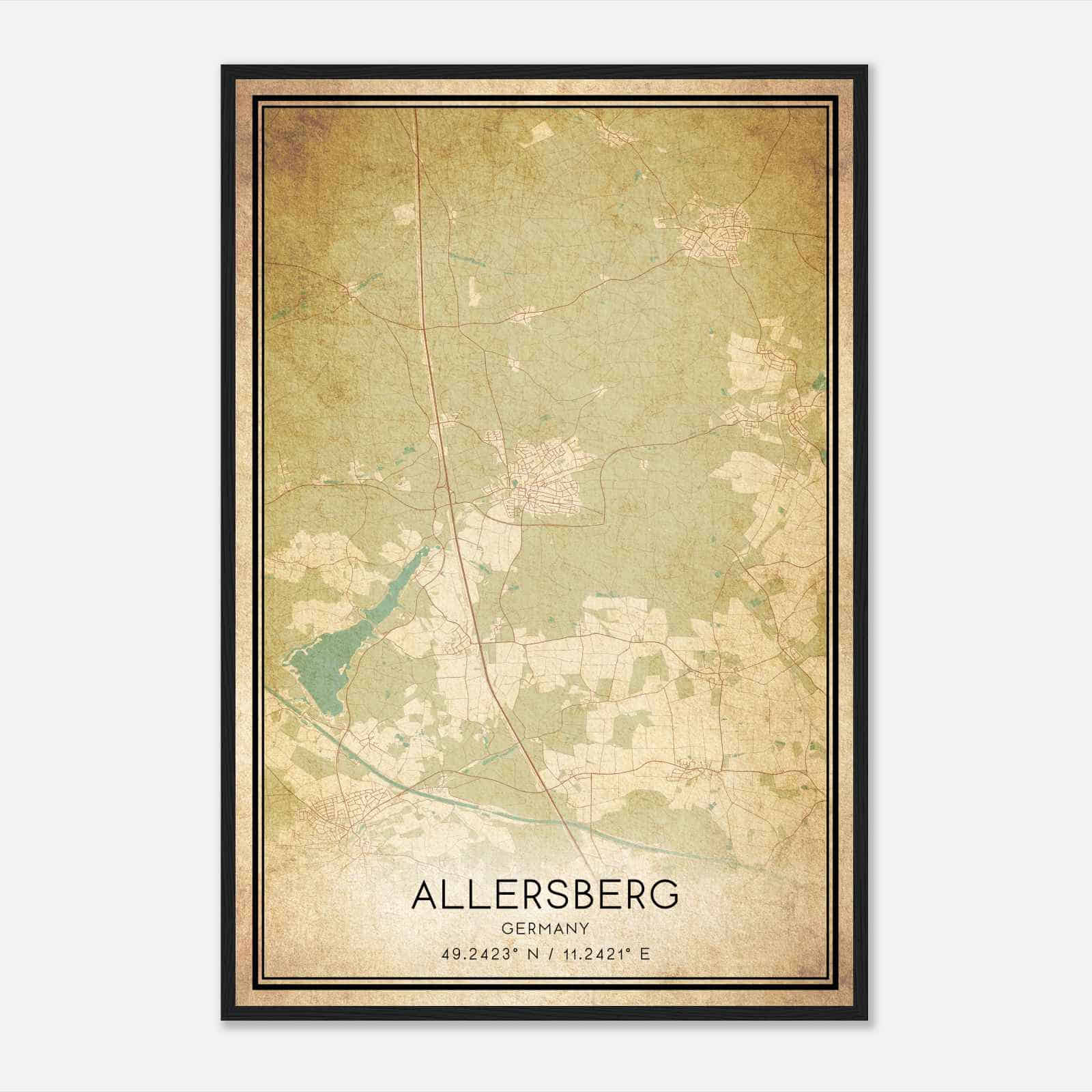 Vintage Allersberg Germany Map Poster, Allersberg City Road Wall Art Print