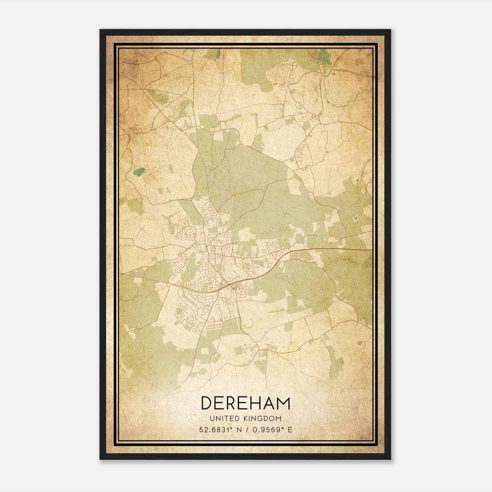 Vintage East Dereham United Kingdom Map Poster, East Dereham City Road Wall Art Print