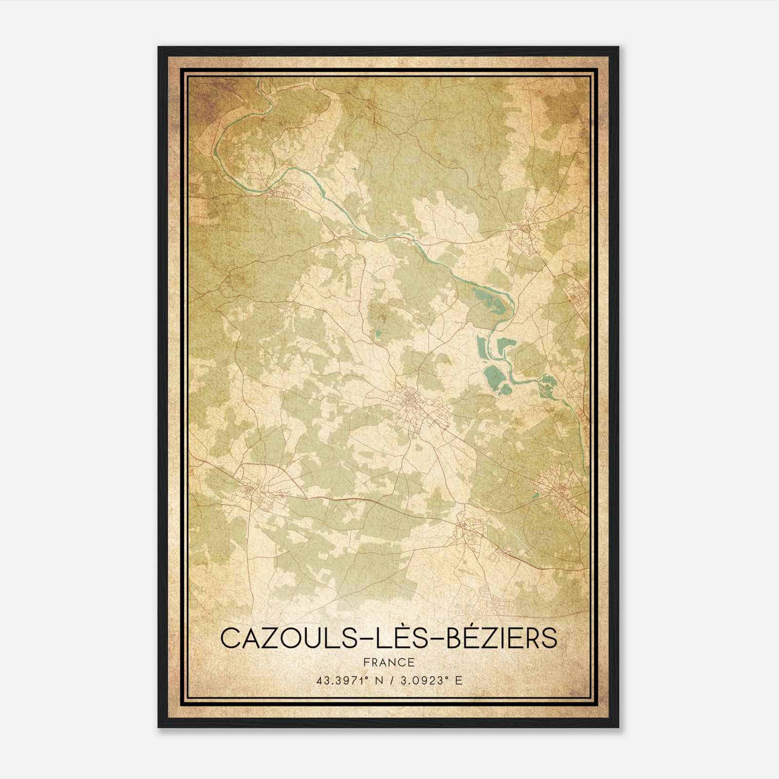 Vintage Cazouls-les-Beziers France Map Poster, Cazouls-les-Beziers City Road Wall Art Print