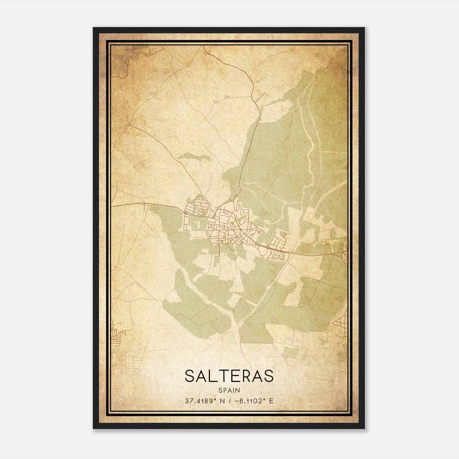 Vintage Salteras Spain Map Poster, Salteras City Road Wall Art Print