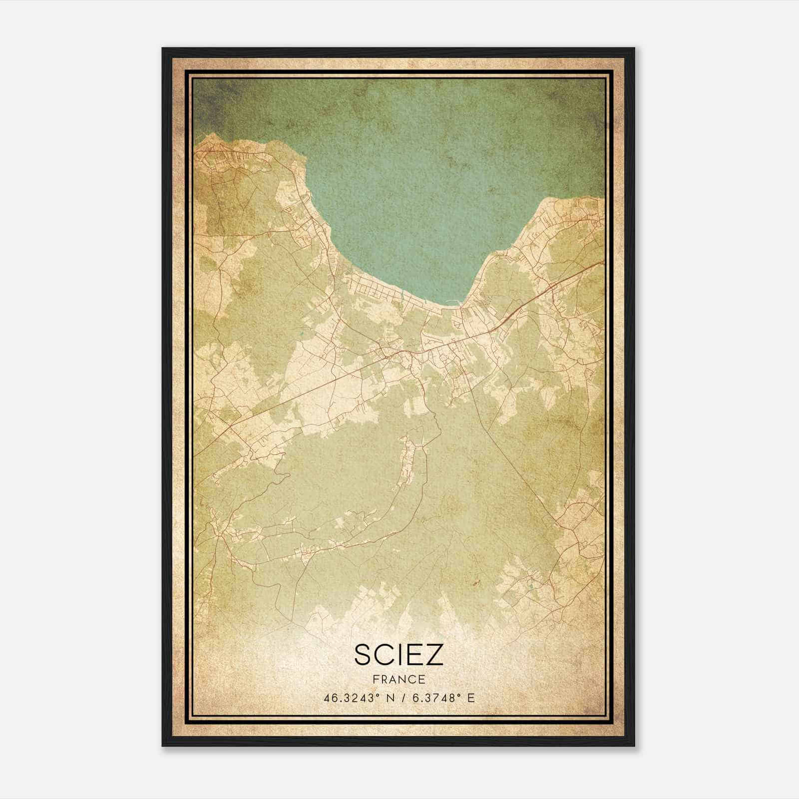 Vintage Sciez France Map Poster, Sciez City Road Wall Art Print