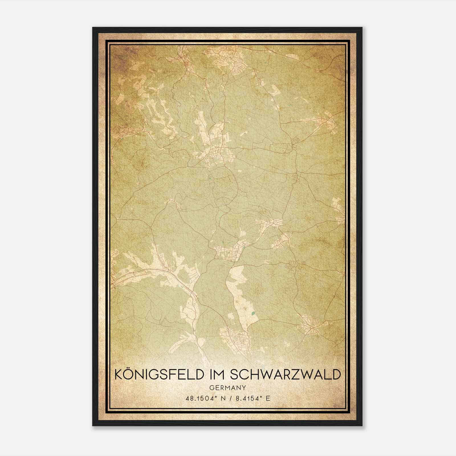 Vintage Konigsfeld im Schwarzwald Germany Map Poster, Konigsfeld im Schwarzwald City Road Wall Art Print