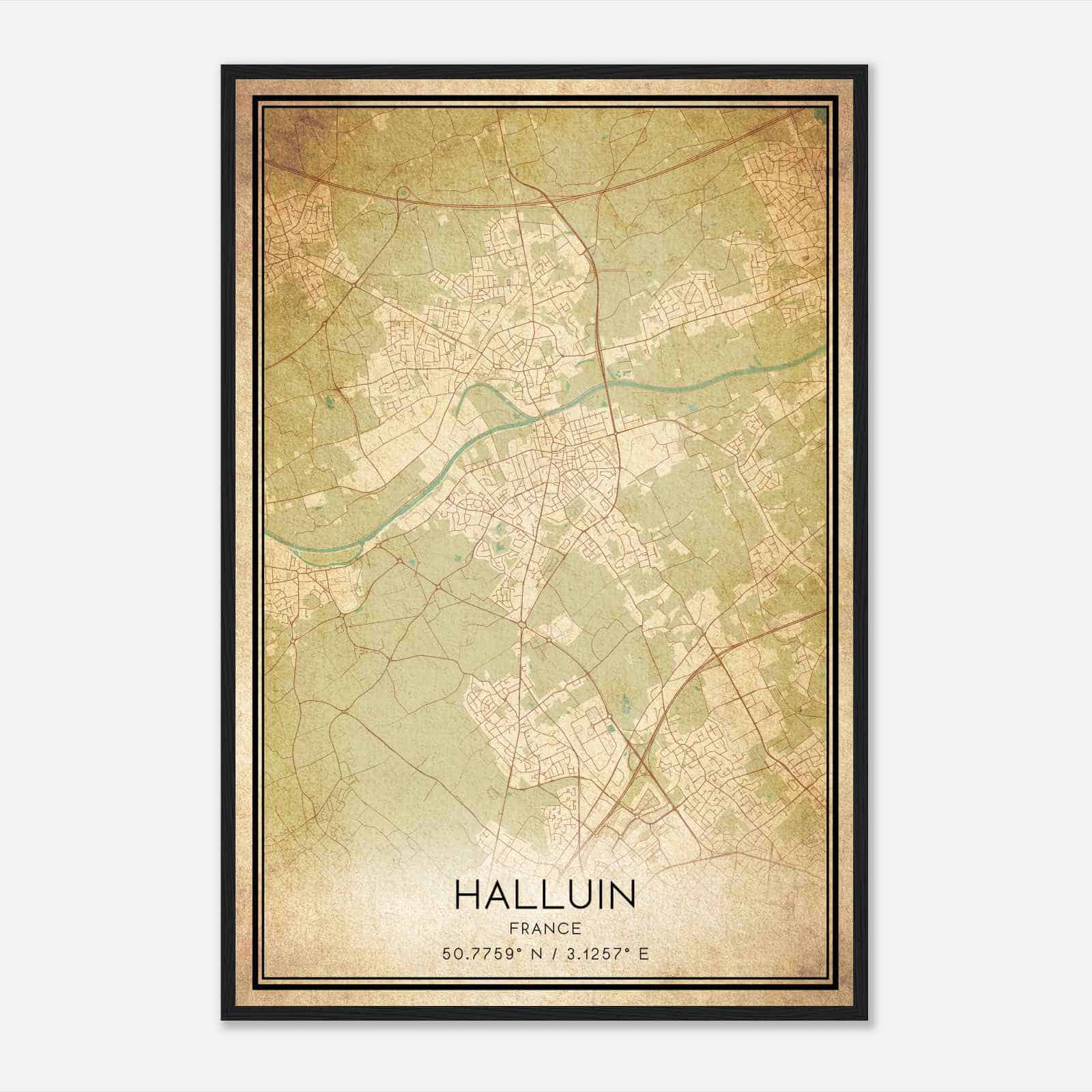 Vintage Halluin France Map Poster, Halluin City Road Wall Art Print