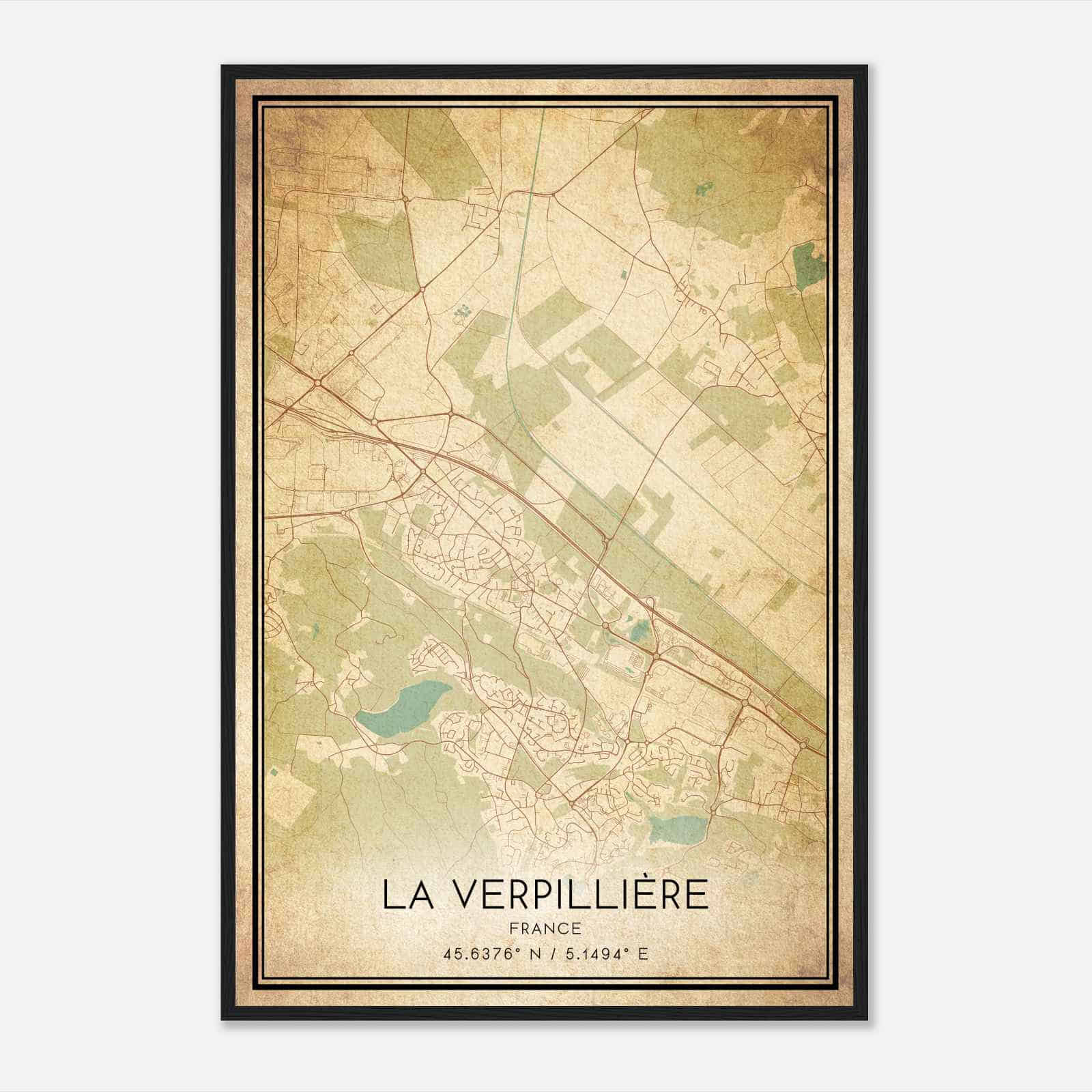 Vintage La Verpilliere France Map Poster, La Verpilliere City Road Wall Art Print