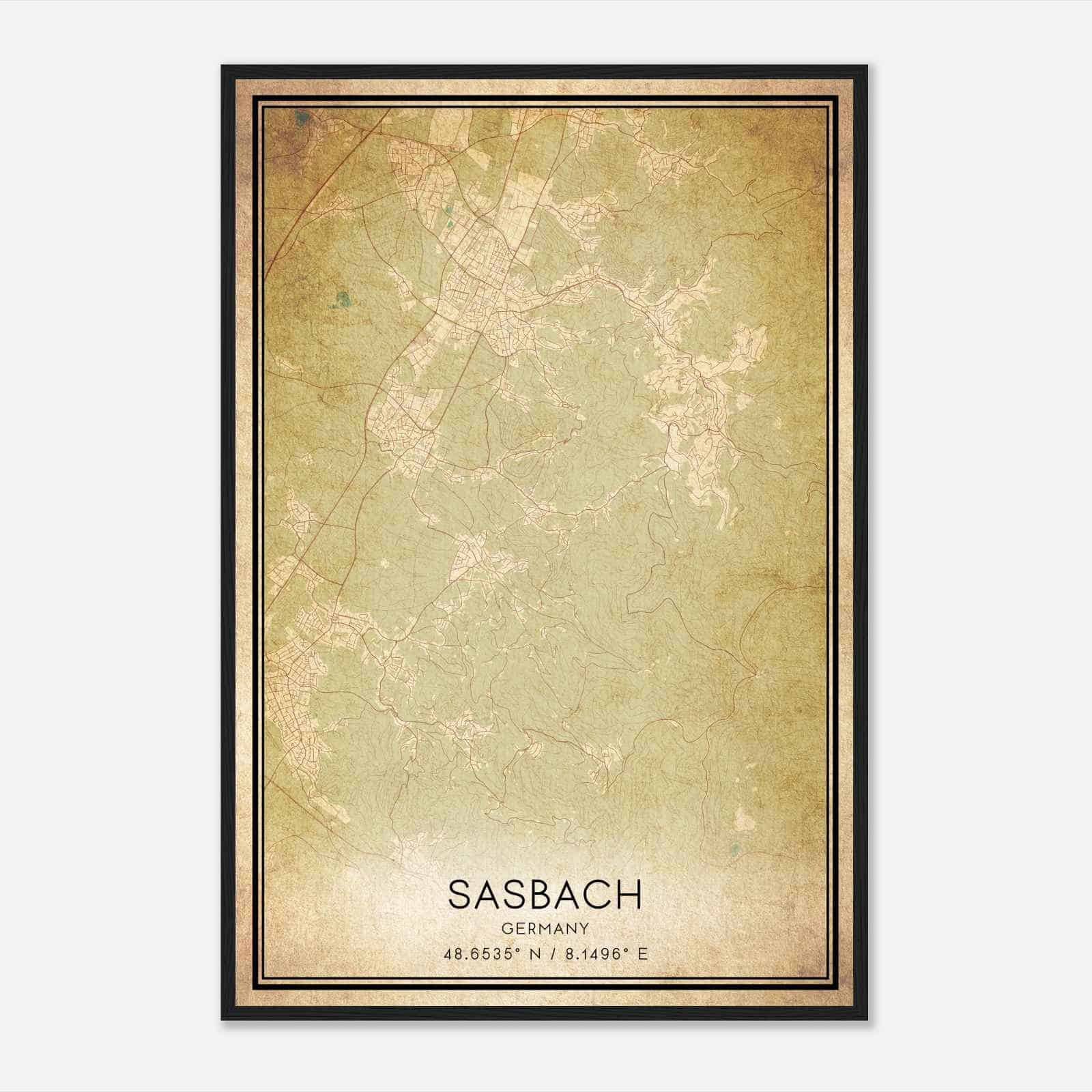 Vintage Sasbach Germany Map Poster, Sasbach City Road Wall Art Print