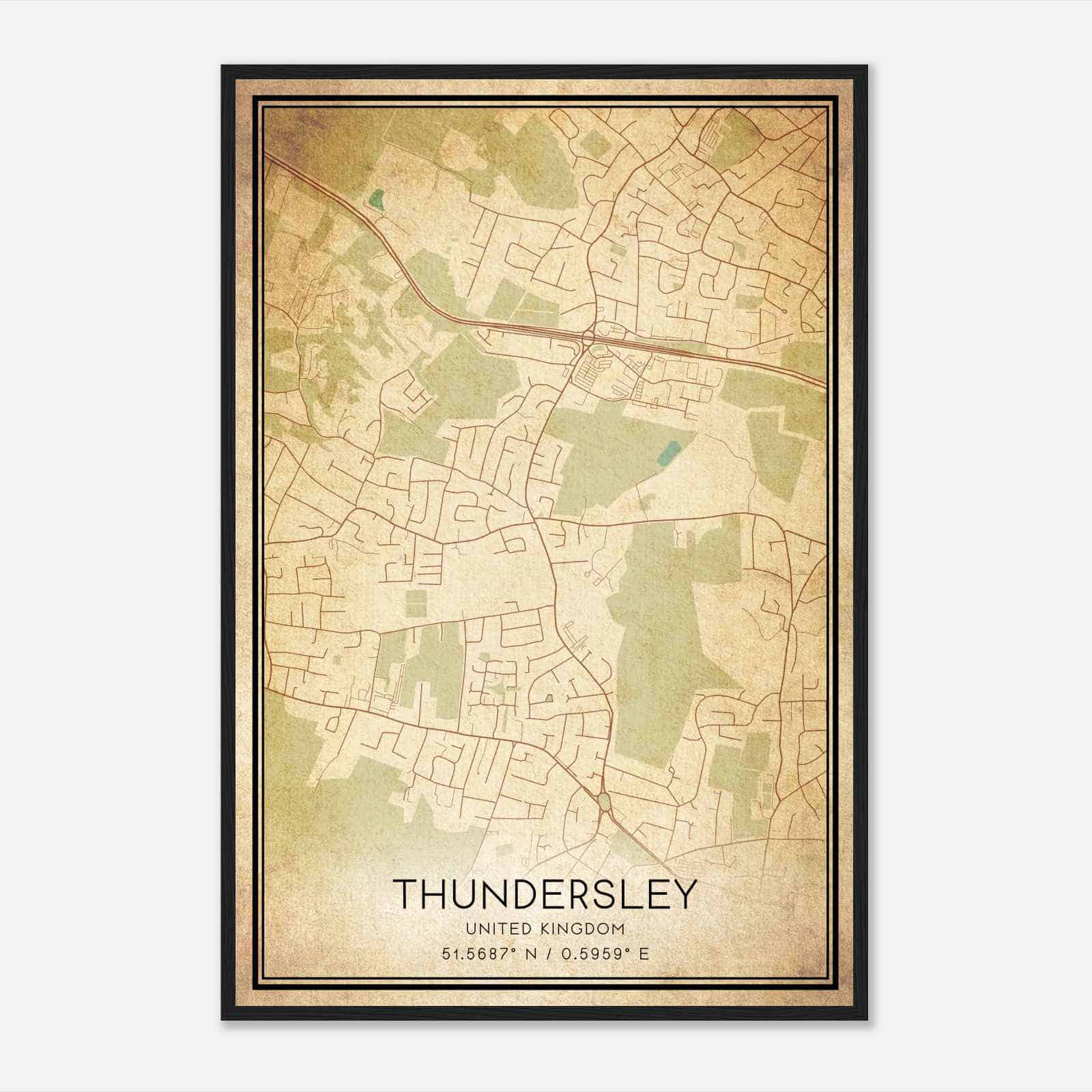 Vintage Thundersley United Kingdom Map Poster, Thundersley City Road Wall Art Print