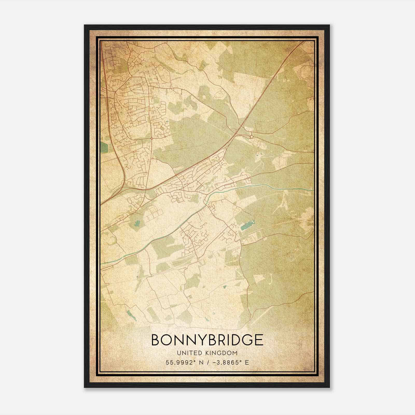 Vintage Bonnybridge United Kingdom Map Poster, Bonnybridge City Road Wall Art Print