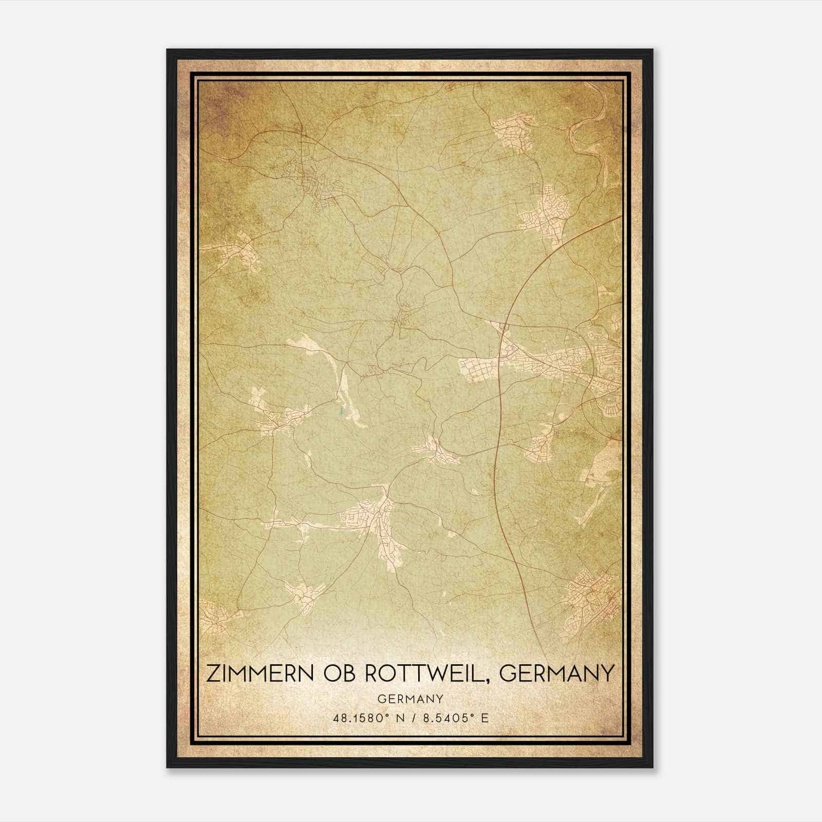 Vintage Zimmern ob Rottweil Germany Map Poster, Zimmern ob Rottweil City Road Wall Art Print