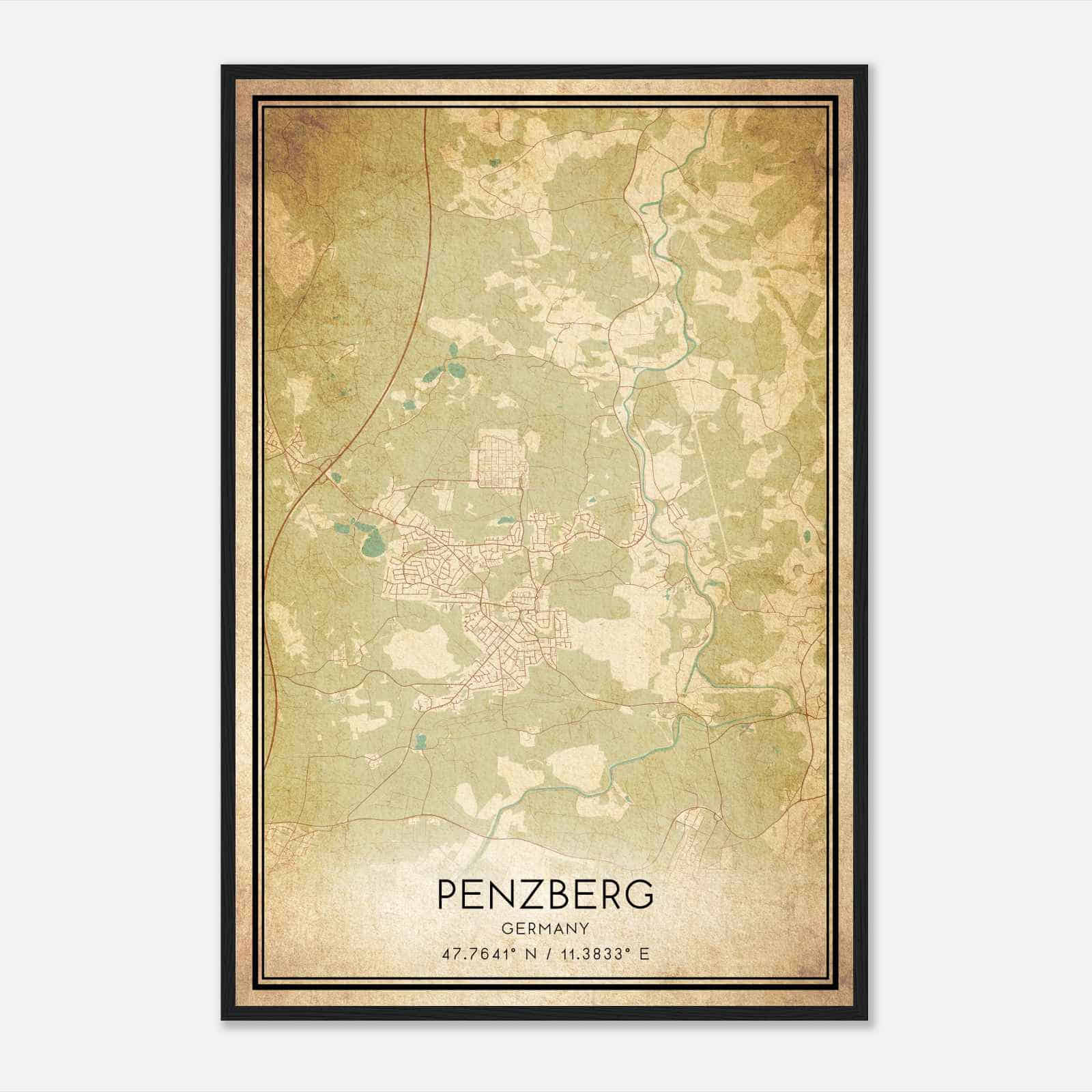 Vintage Penzberg Germany Map Poster, Penzberg City Road Wall Art Print