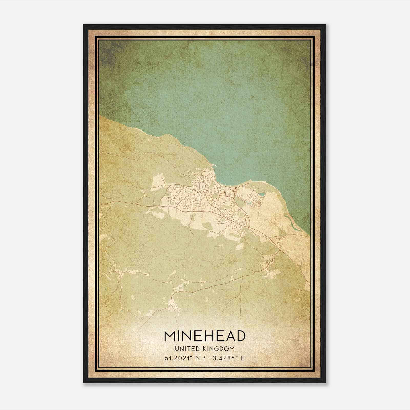 Vintage Minehead United Kingdom Map Poster, Minehead City Road Wall Art Print