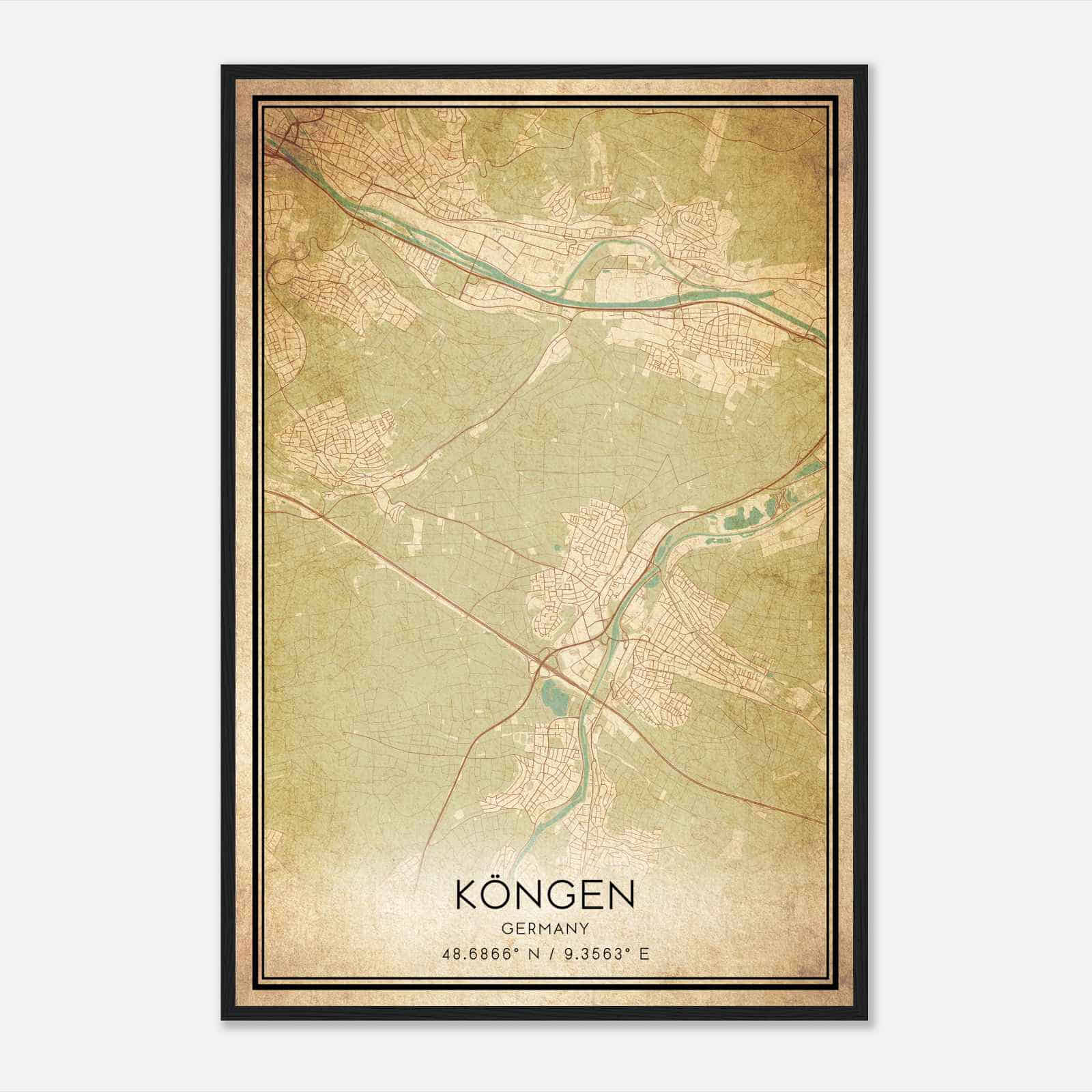 Vintage Kongen Germany Map Poster, Kongen City Road Wall Art Print