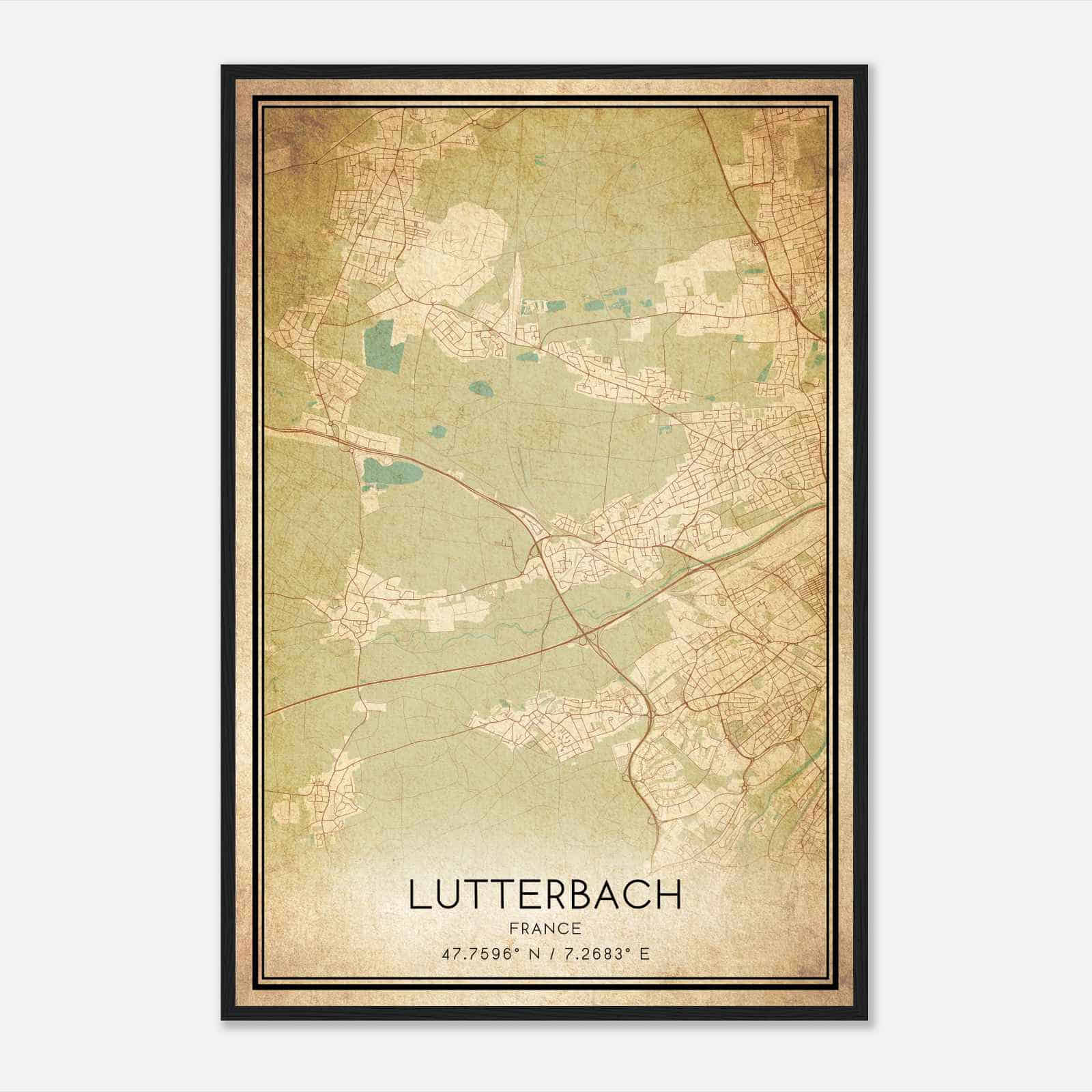 Vintage Lutterbach France Map Poster, Lutterbach City Road Wall Art Print