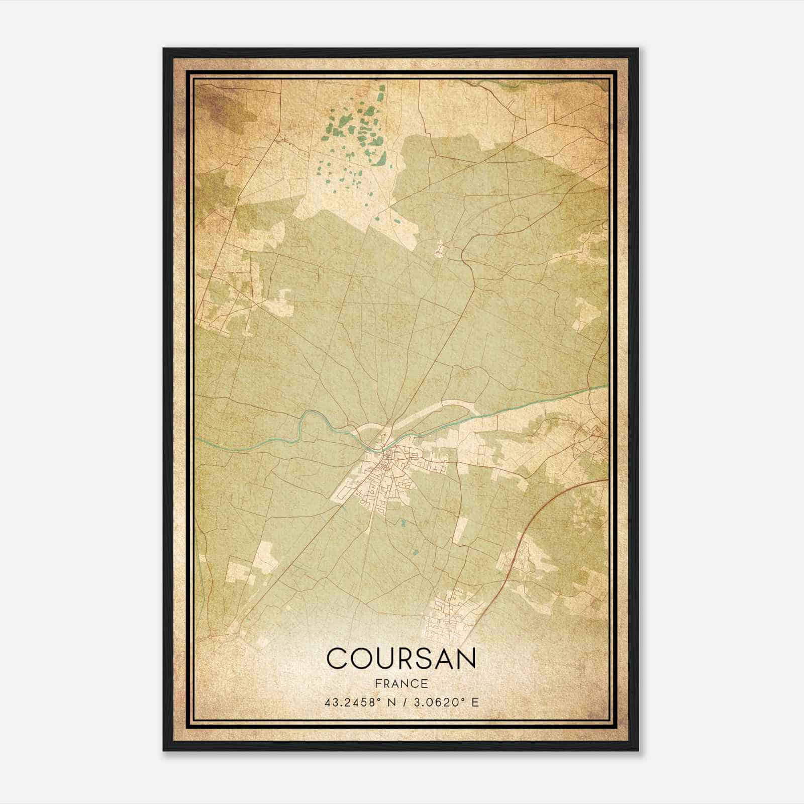 Vintage Coursan France Map Poster, Coursan City Road Wall Art Print