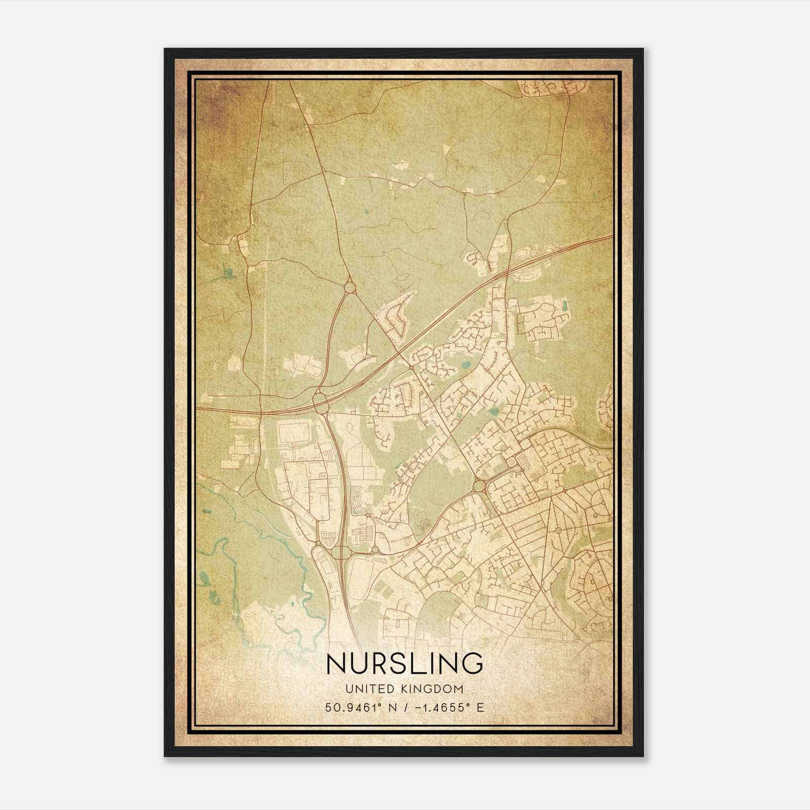 Vintage Nursling United Kingdom Map Poster, Nursling City Road Wall Art Print