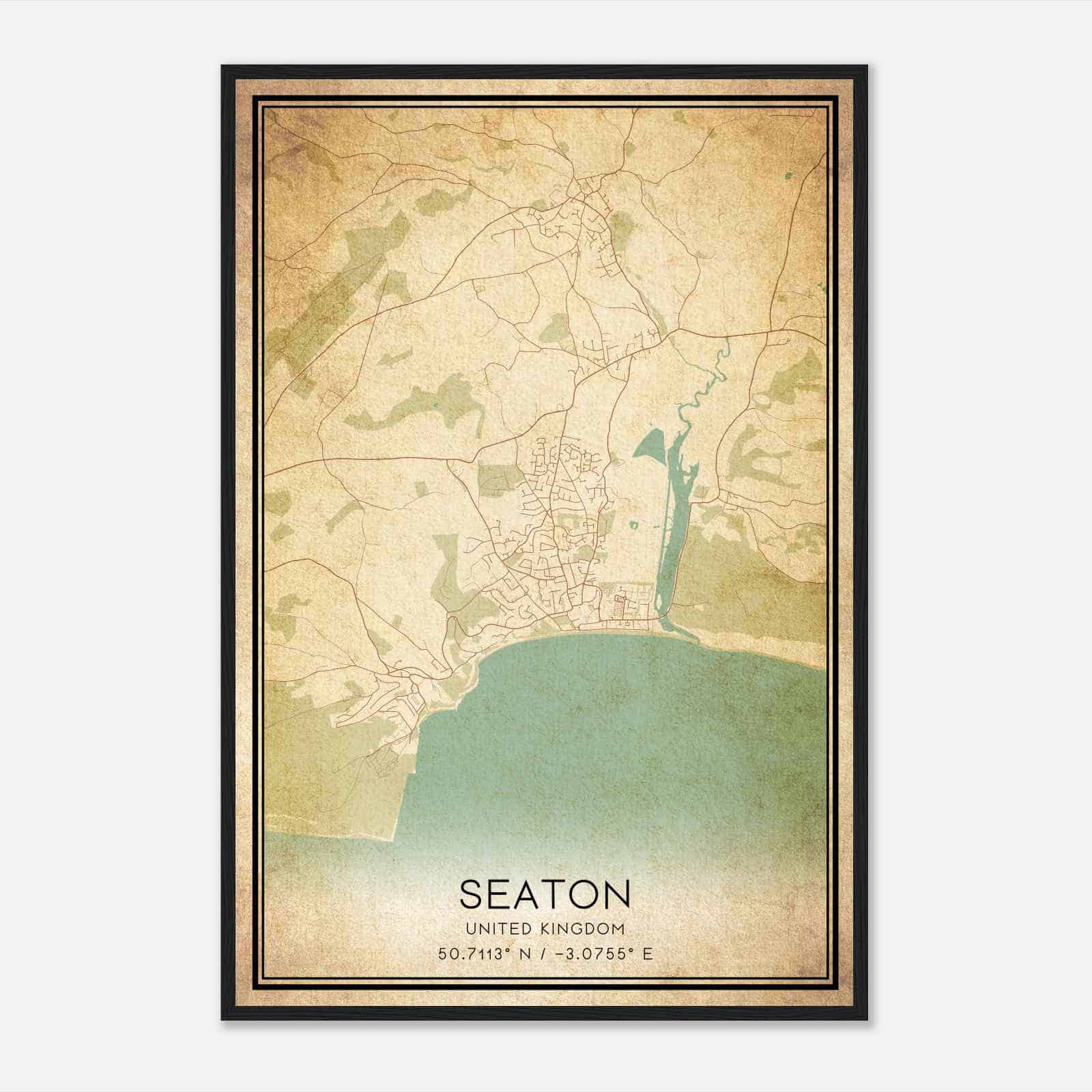 Vintage Seaton United Kingdom Map Poster, Seaton City Road Wall Art Print