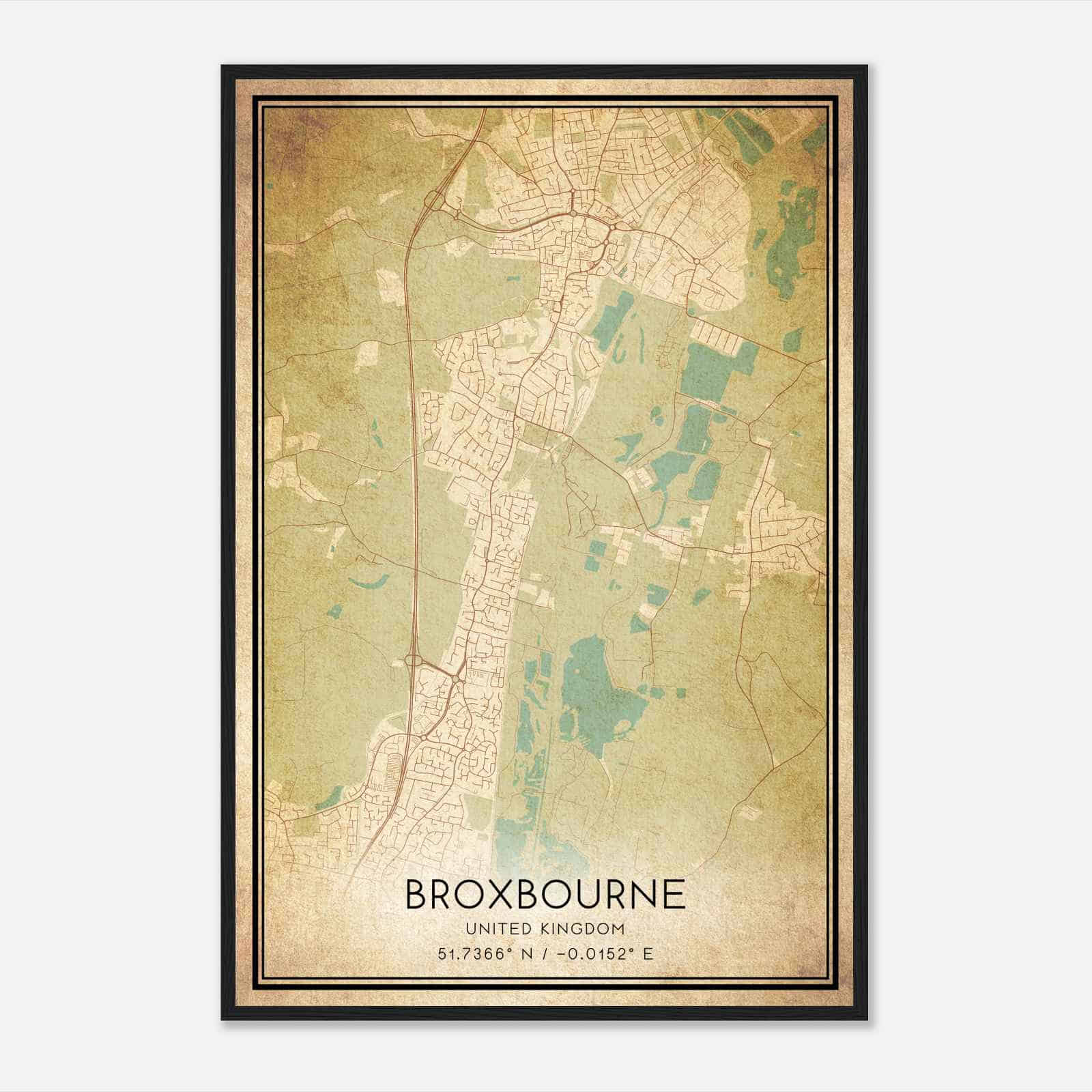 Vintage Broxbourne United Kingdom Map Poster, Broxbourne City Road Wall Art Print
