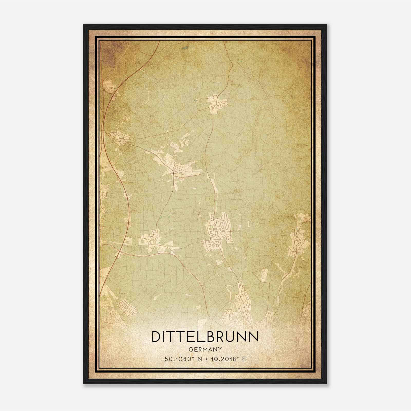 Vintage Dittelbrunn Germany Map Poster, Dittelbrunn City Road Wall Art Print