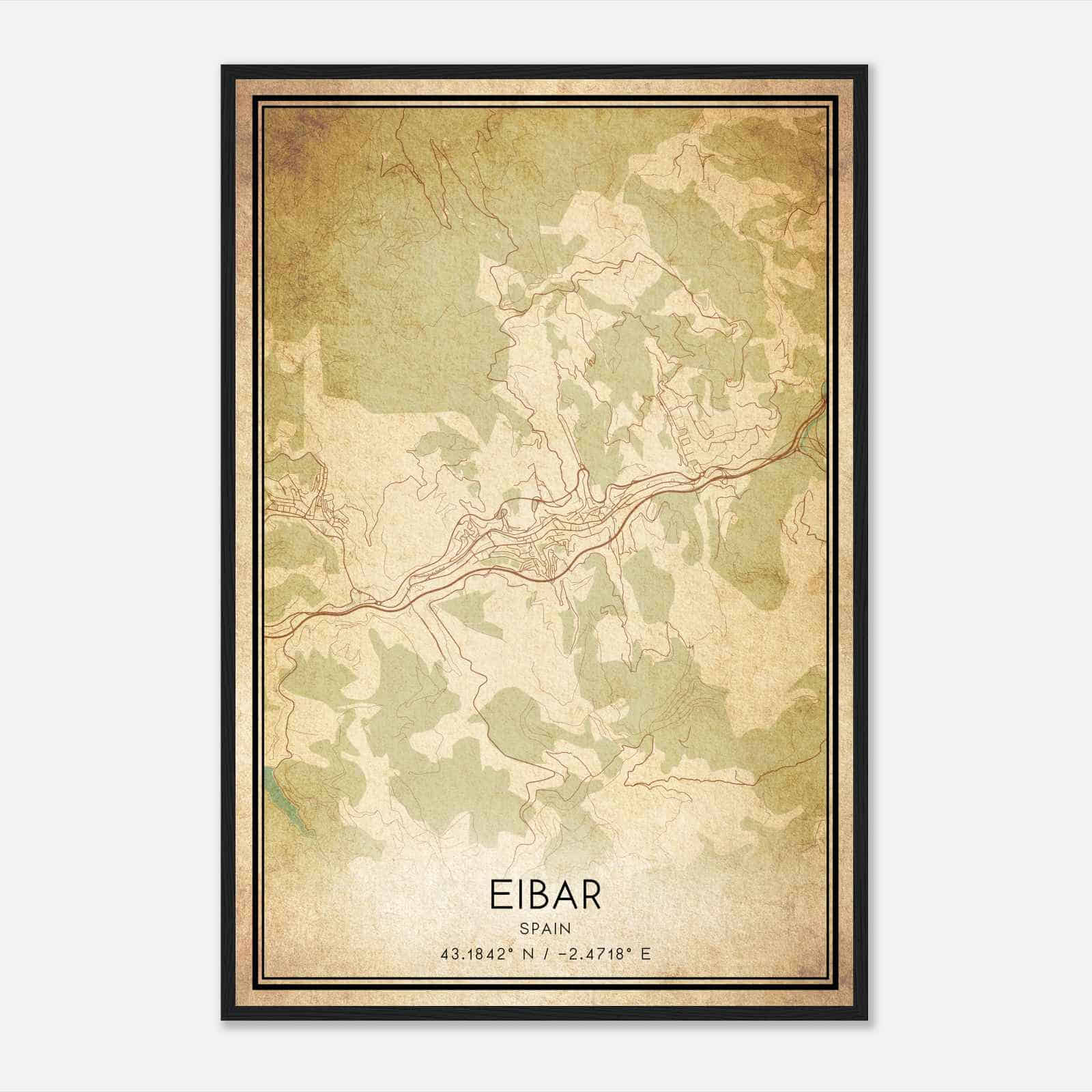 Vintage Eibar Spain Map Poster, Eibar City Road Wall Art Print