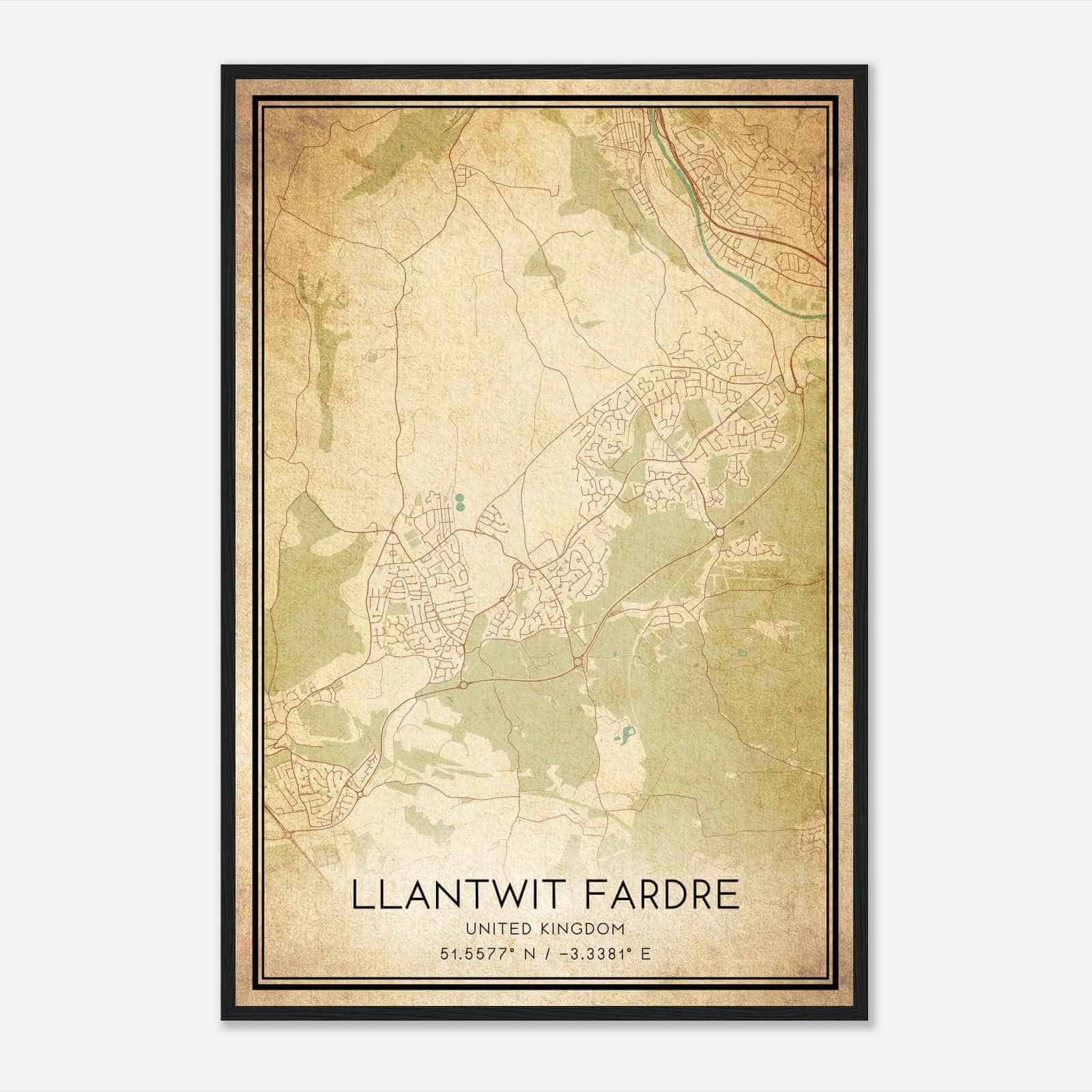 Vintage Llantwit Fardre United Kingdom Map Poster, Llantwit Fardre City Road Wall Art Print
