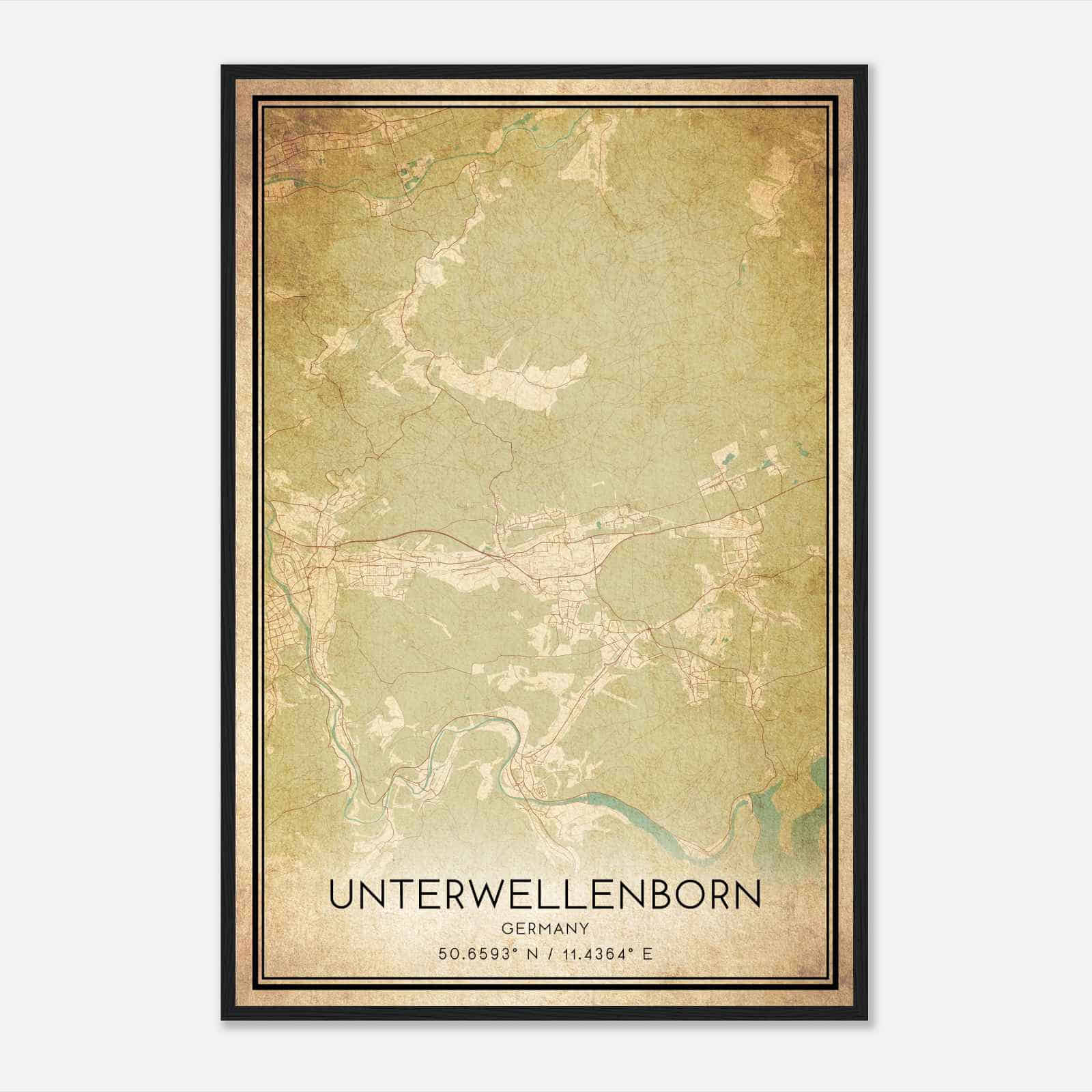 Vintage Unterwellenborn Germany Map Poster, Unterwellenborn City Road Wall Art Print