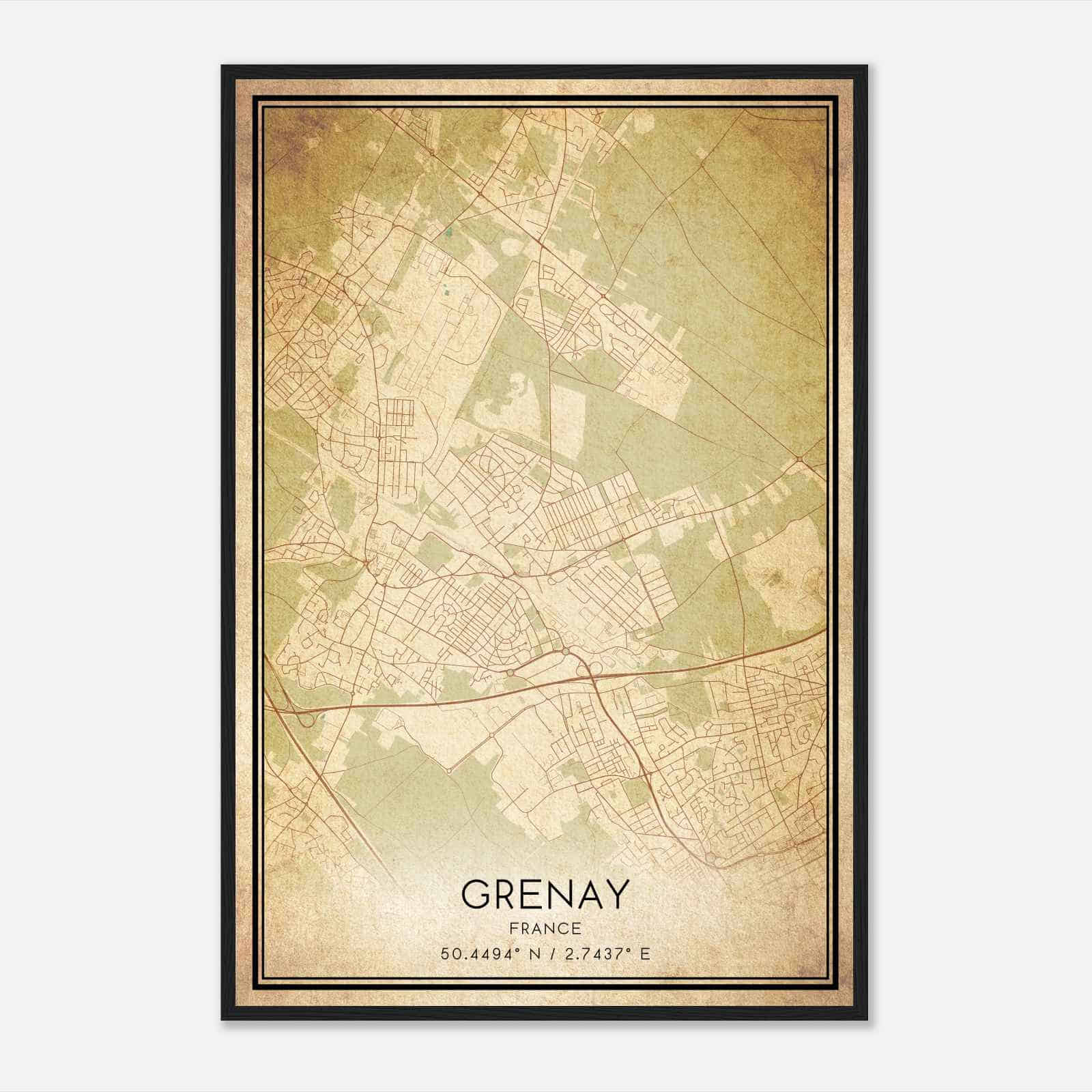 Vintage Grenay France Map Poster, Grenay City Road Wall Art Print
