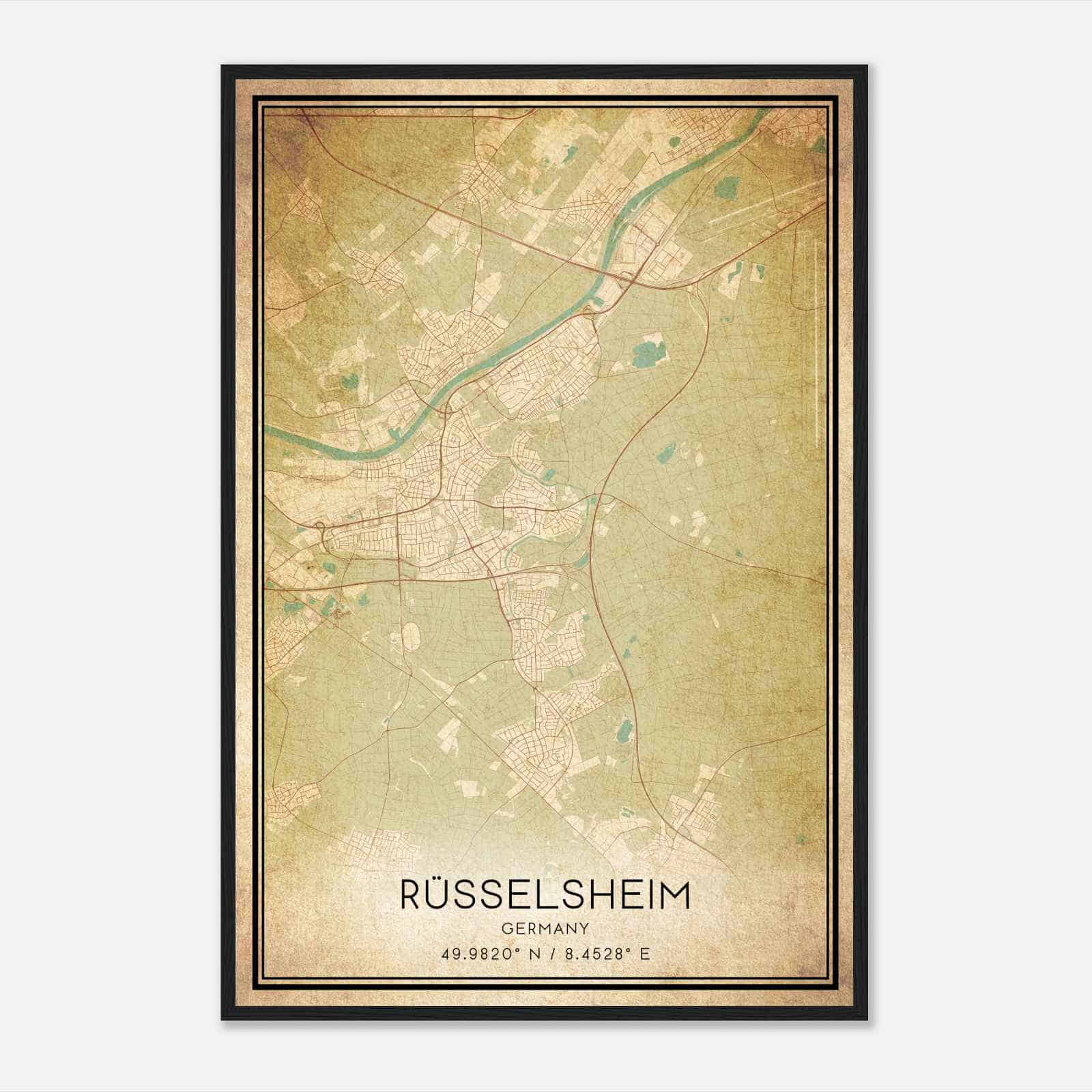 Vintage Russelsheim Germany Map Poster, Russelsheim City Road Wall Art Print