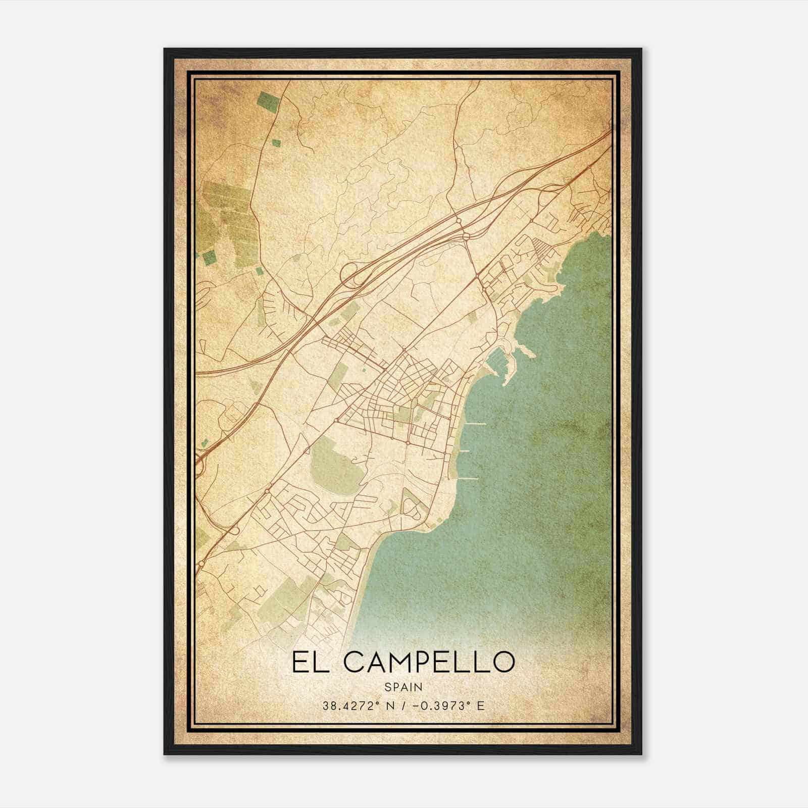 Vintage Campello Spain Map Poster, Campello City Road Wall Art Print