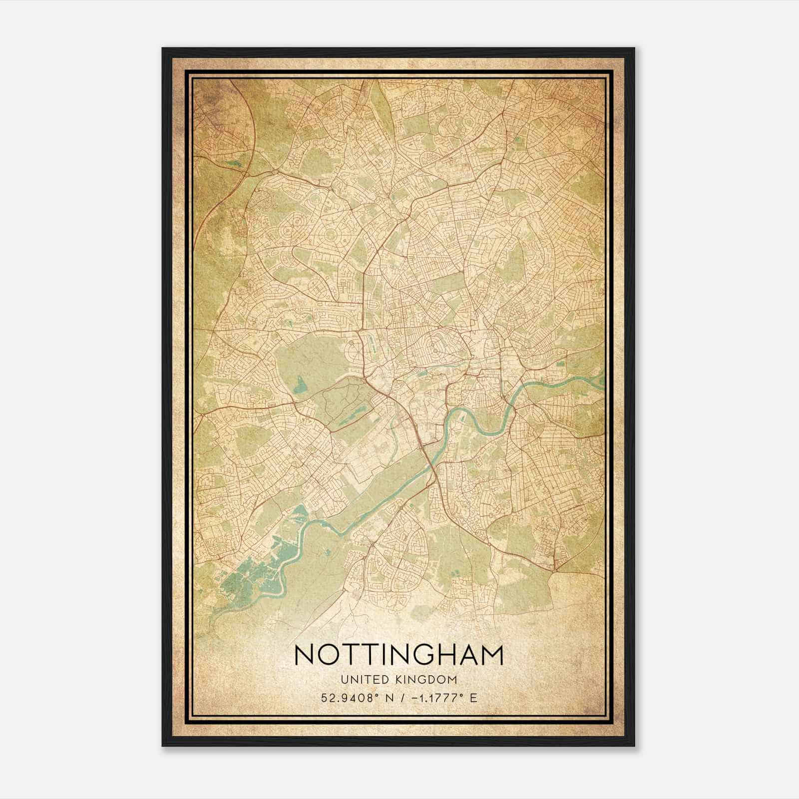Vintage Nottingham United Kingdom Map Poster, Nottingham City Road Wall Art Print