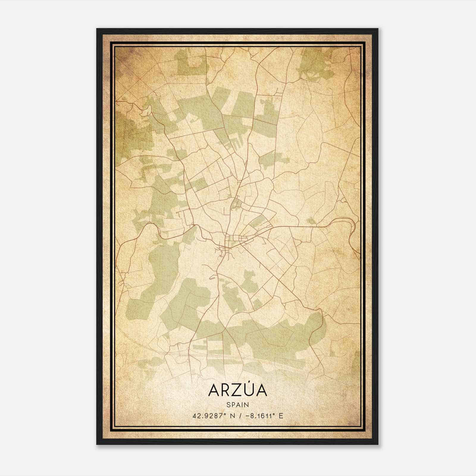 Vintage Arzua Spain Map Poster, Arzua City Road Wall Art Print