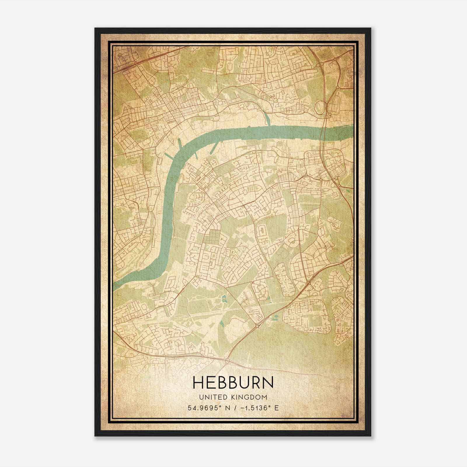 Vintage Hebburn United Kingdom Map Poster, Hebburn City Road Wall Art Print