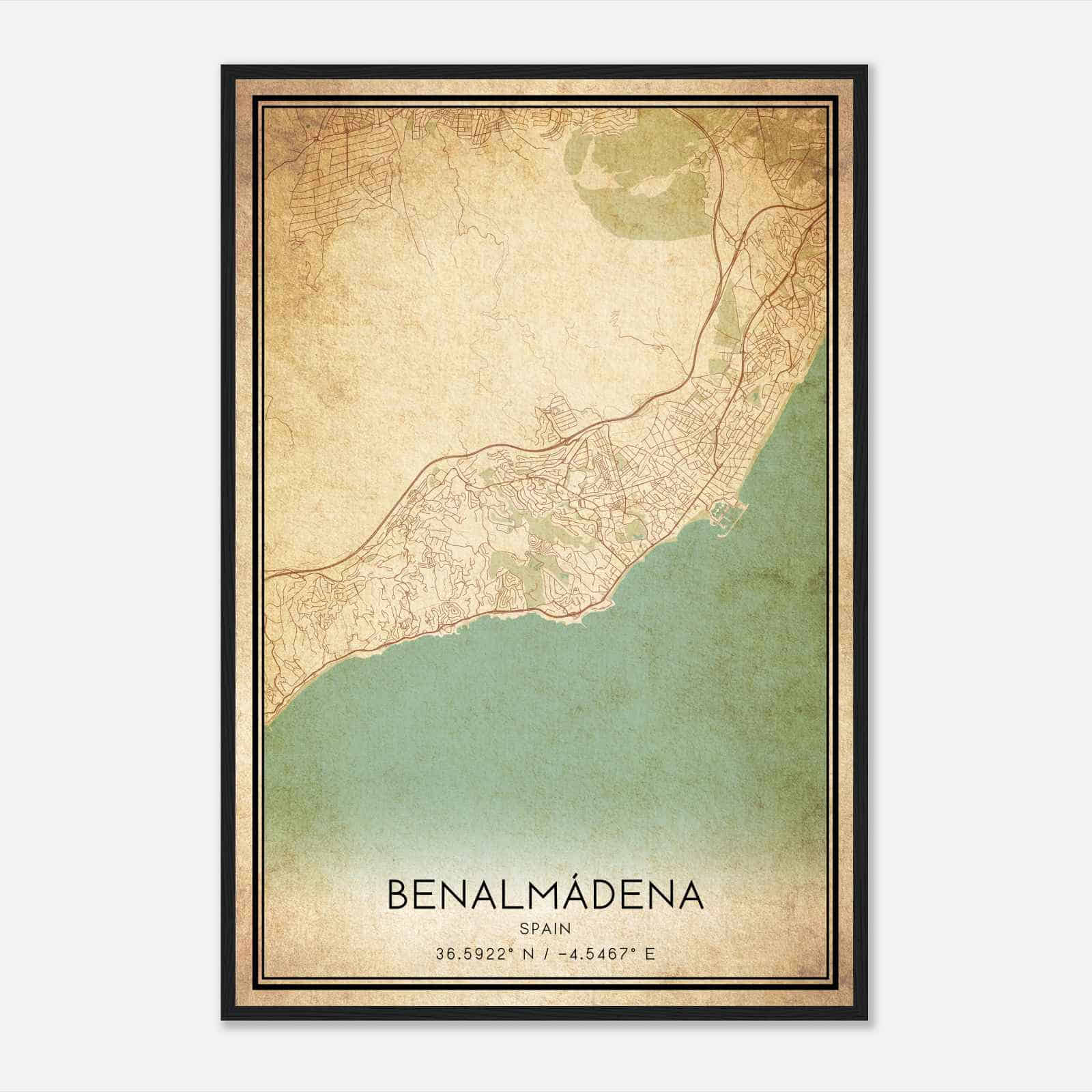 Vintage Benalmadena Spain Map Poster, Benalmadena City Road Wall Art Print