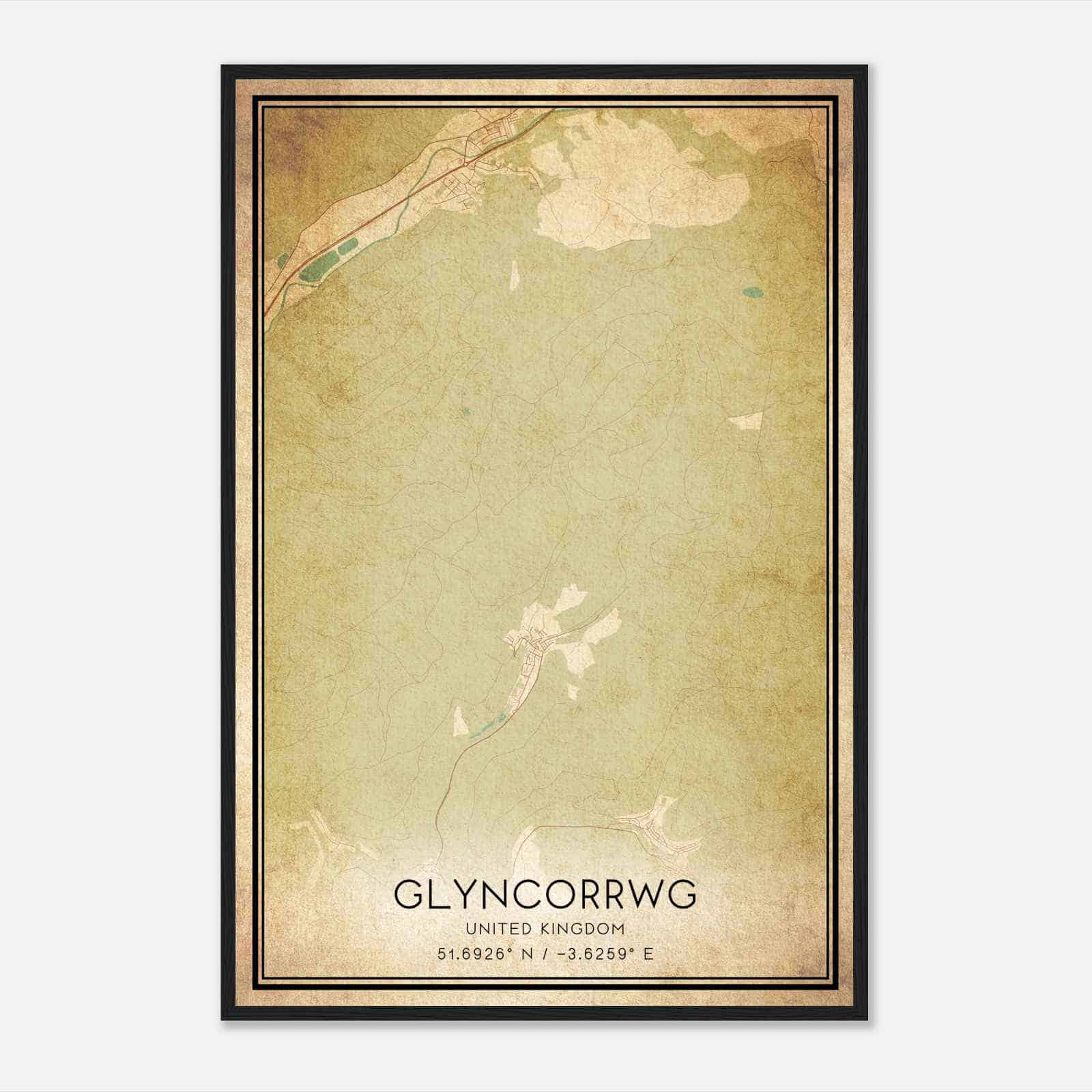 Vintage Glyncorrwg United Kingdom Map Poster, Glyncorrwg City Road Wall Art Print
