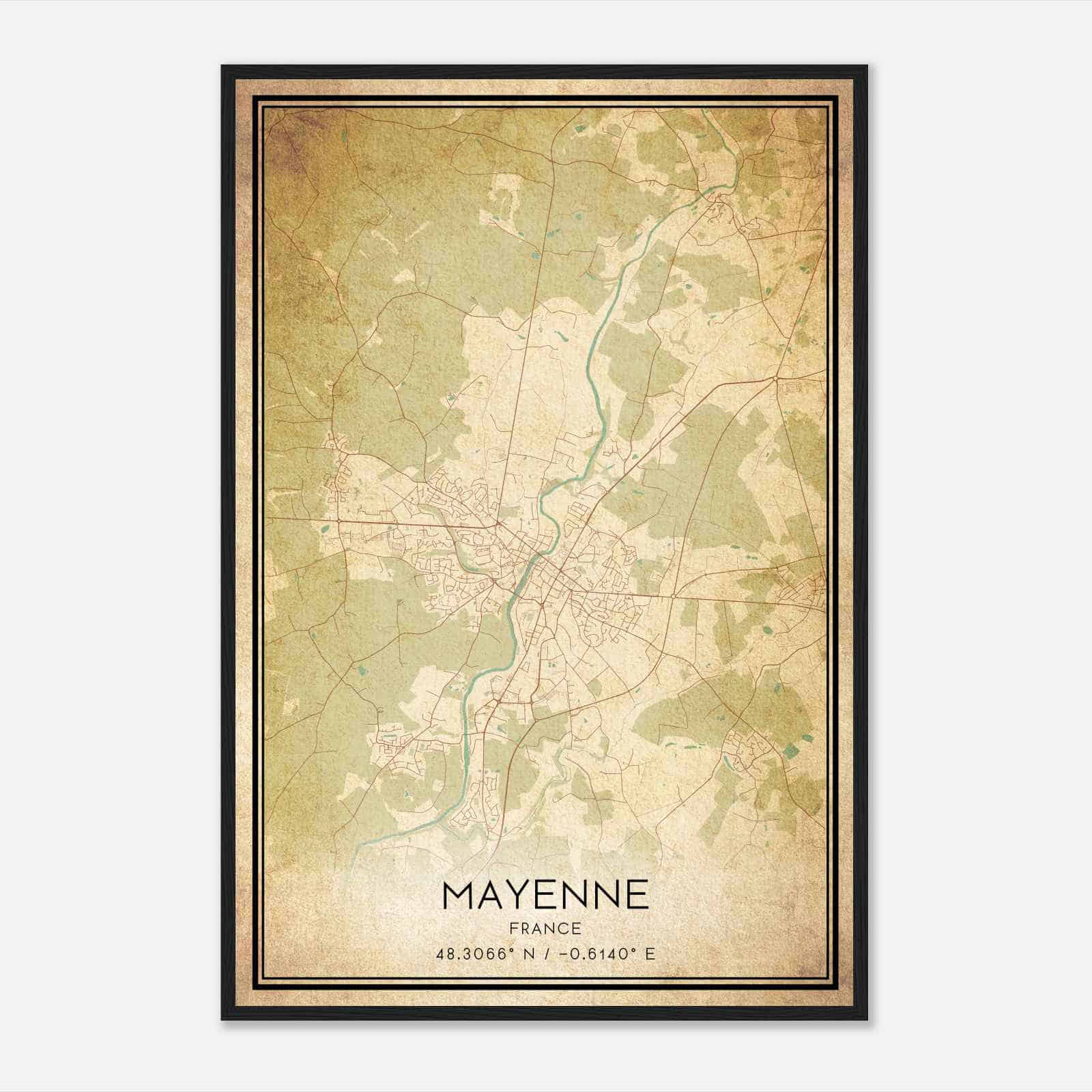 Vintage Mayenne France Map Poster, Mayenne City Road Wall Art Print