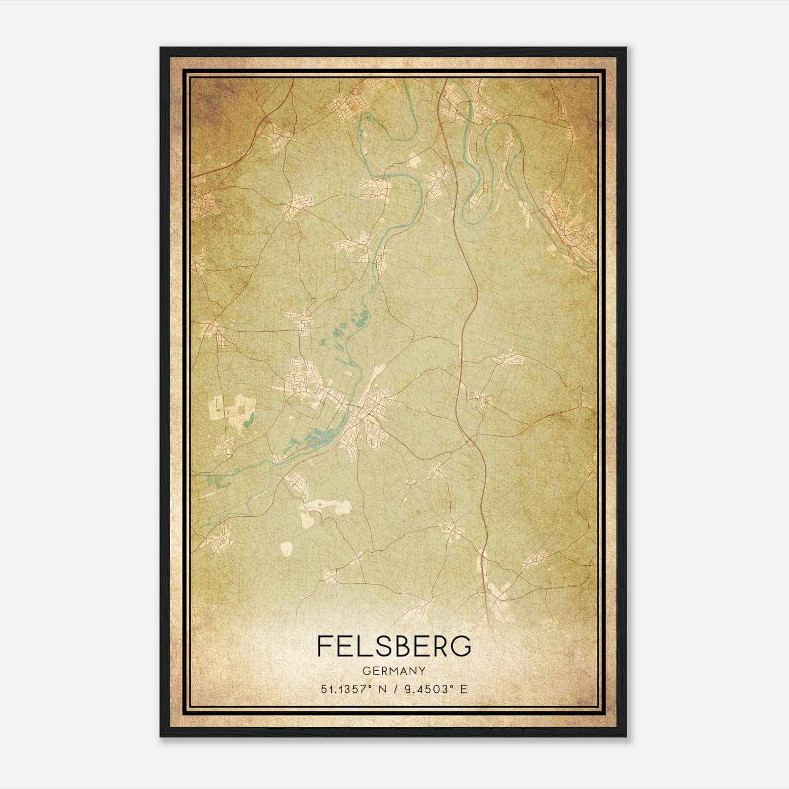 Vintage Felsberg Germany Map Poster, Felsberg City Road Wall Art Print