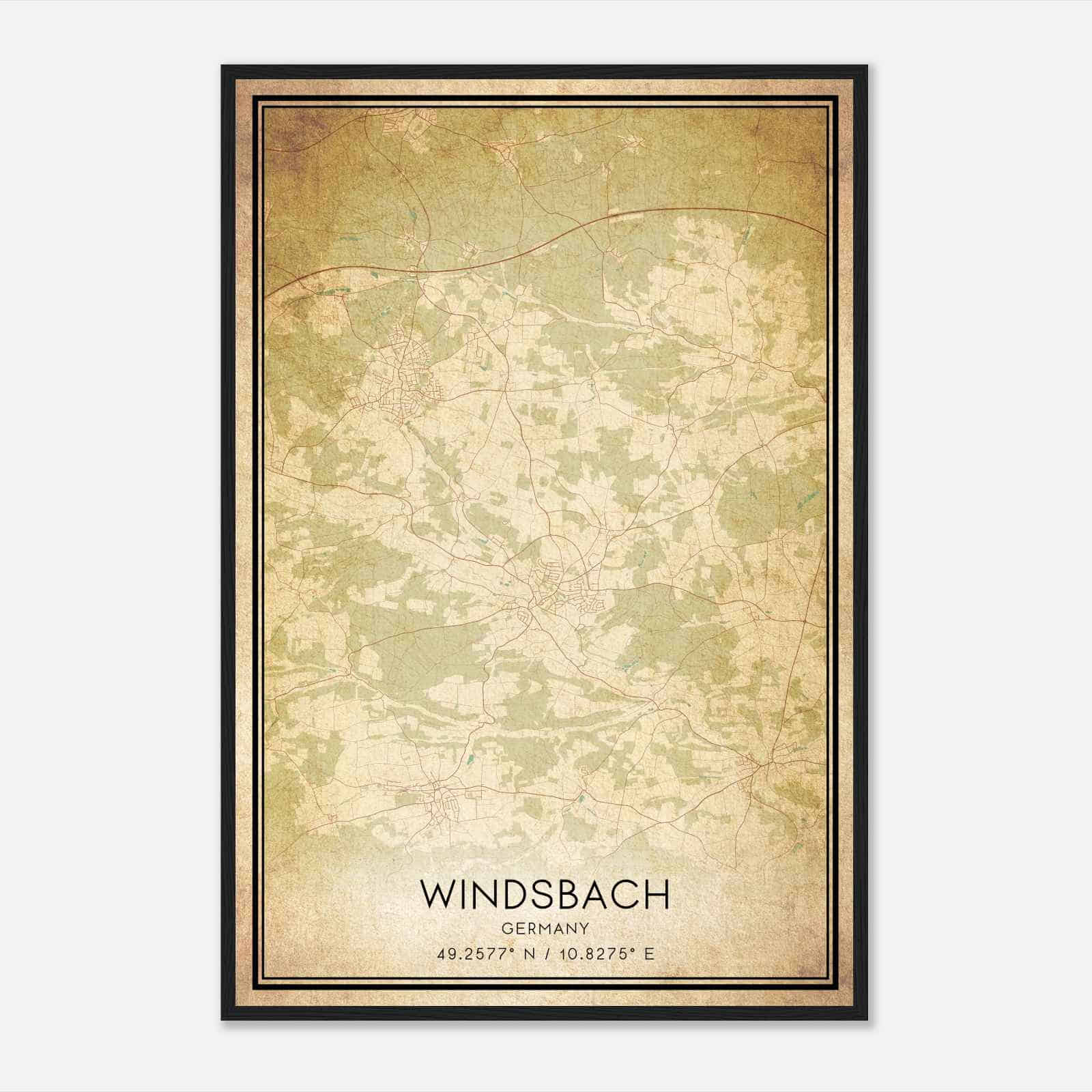 Vintage Windsbach Germany Map Poster, Windsbach City Road Wall Art Print