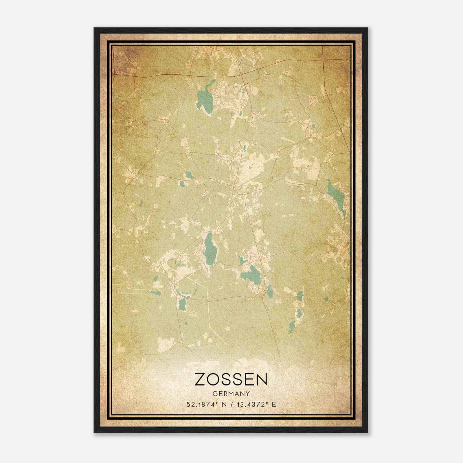 Vintage Zossen Germany Map Poster, Zossen City Road Wall Art Print