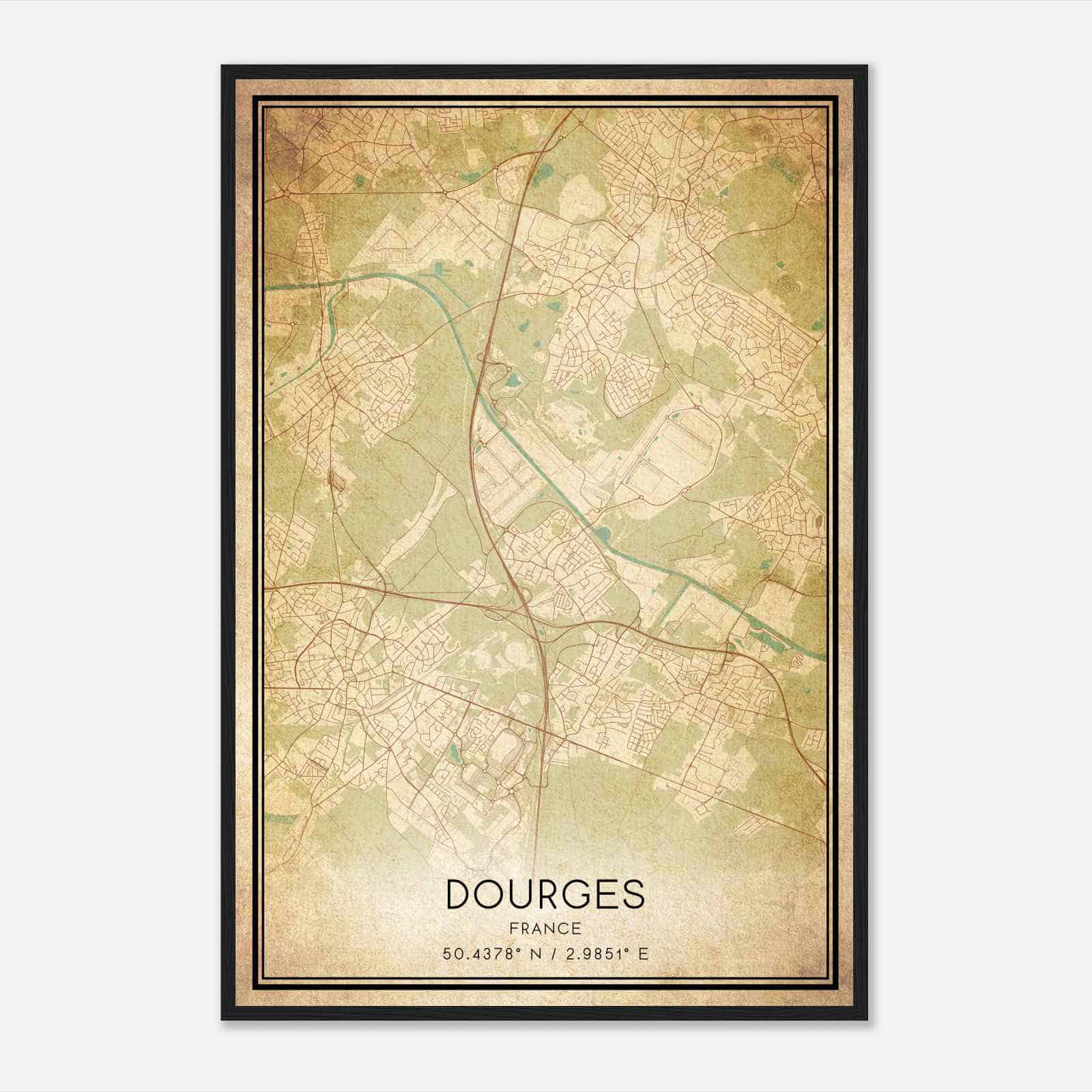 Vintage Dourges France Map Poster, Dourges City Road Wall Art Print