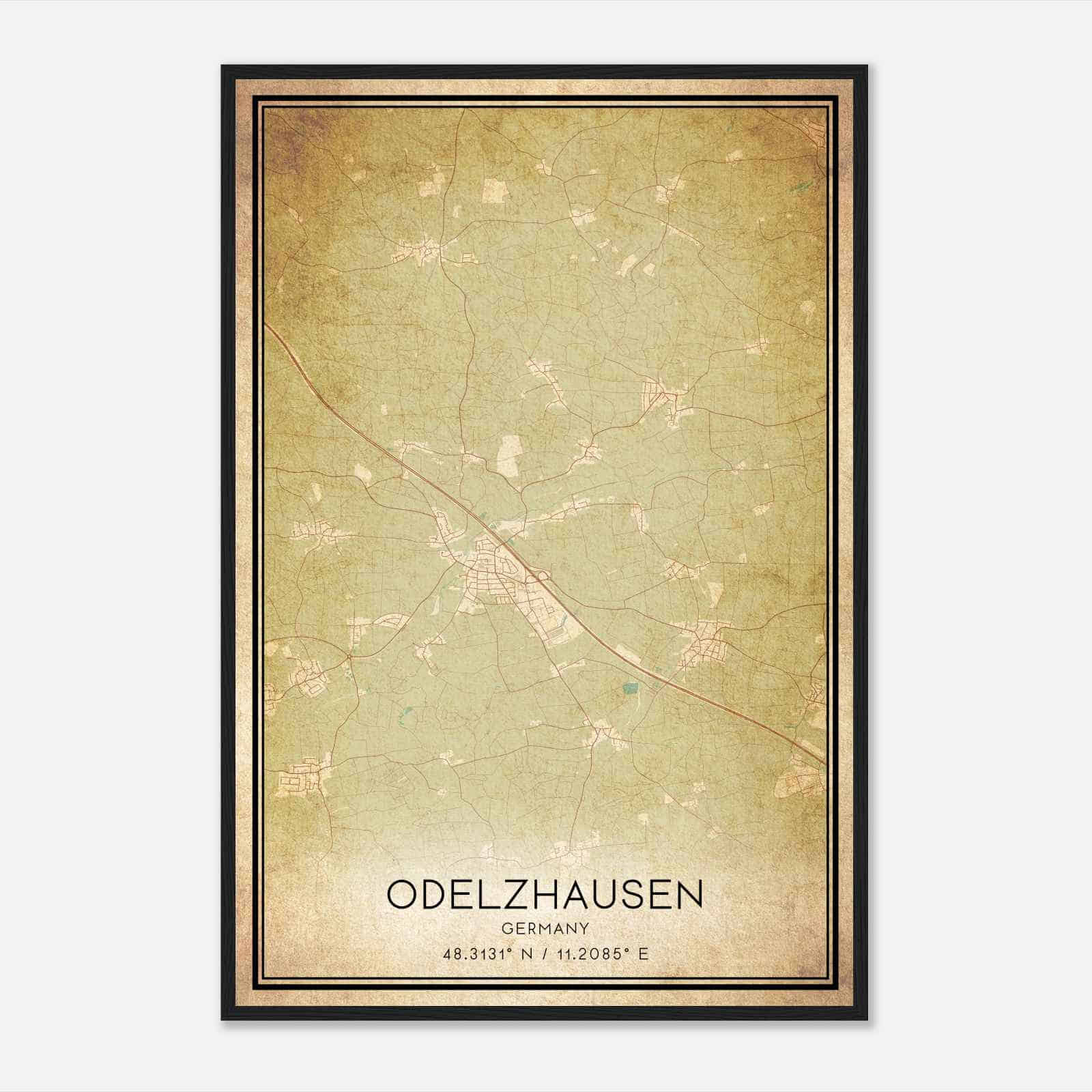 Vintage Odelzhausen Germany Map Poster, Odelzhausen City Road Wall Art Print