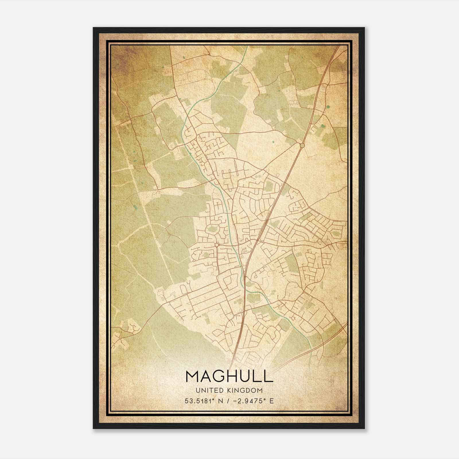 Vintage Maghull United Kingdom Map Poster, Maghull City Road Wall Art Print