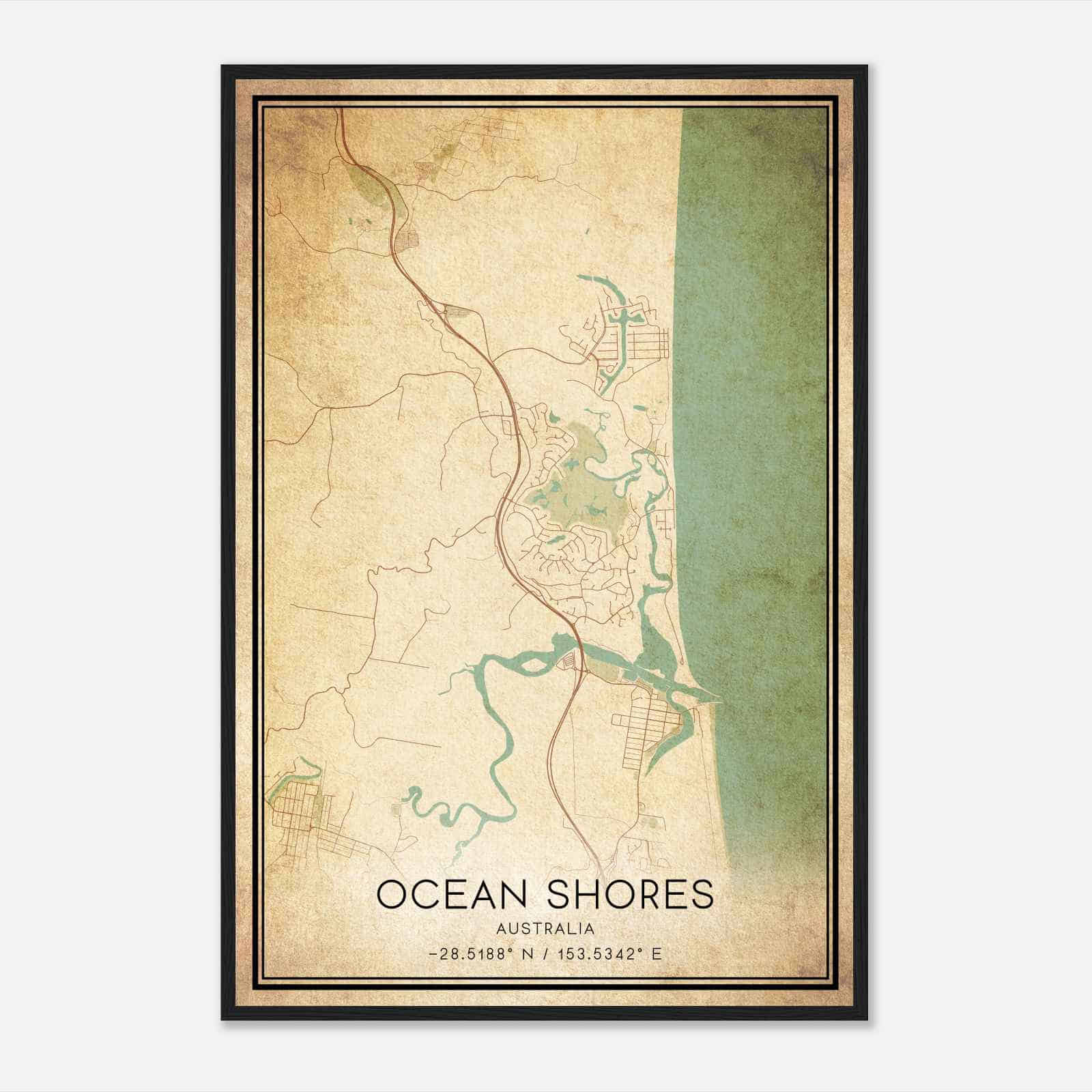 Vintage Ocean Shores Australia Map Poster, Ocean Shores City Road Wall Art Print