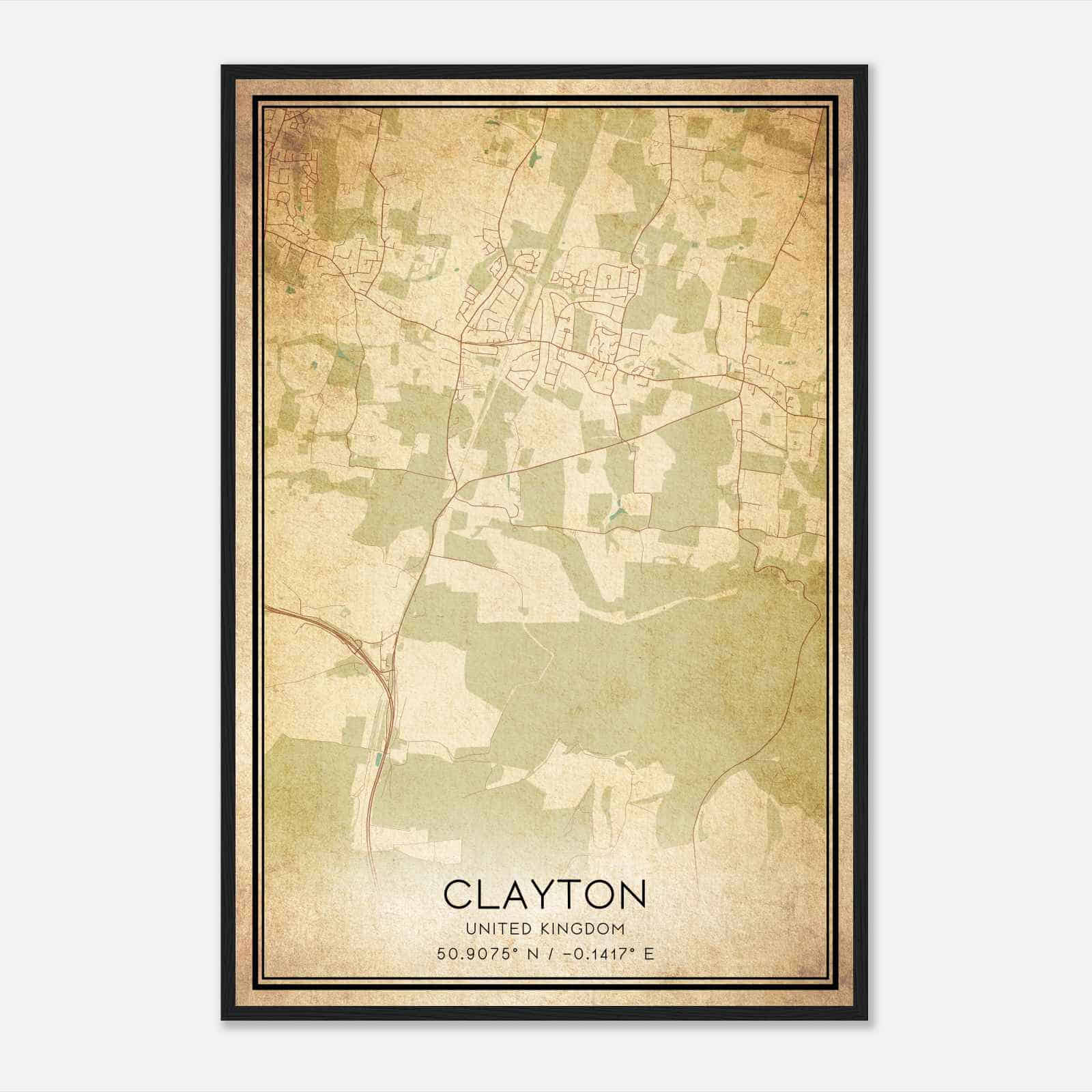 Vintage Clayton United Kingdom Map Poster, Clayton City Road Wall Art Print