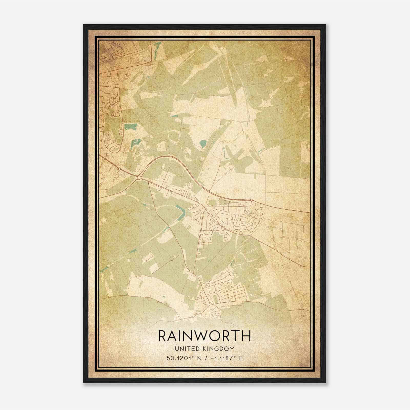 Vintage Rainworth United Kingdom Map Poster, Rainworth City Road Wall Art Print