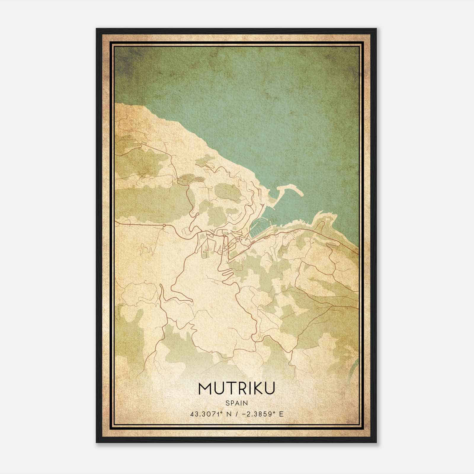Vintage Mutriku Spain Map Poster, Mutriku City Road Wall Art Print